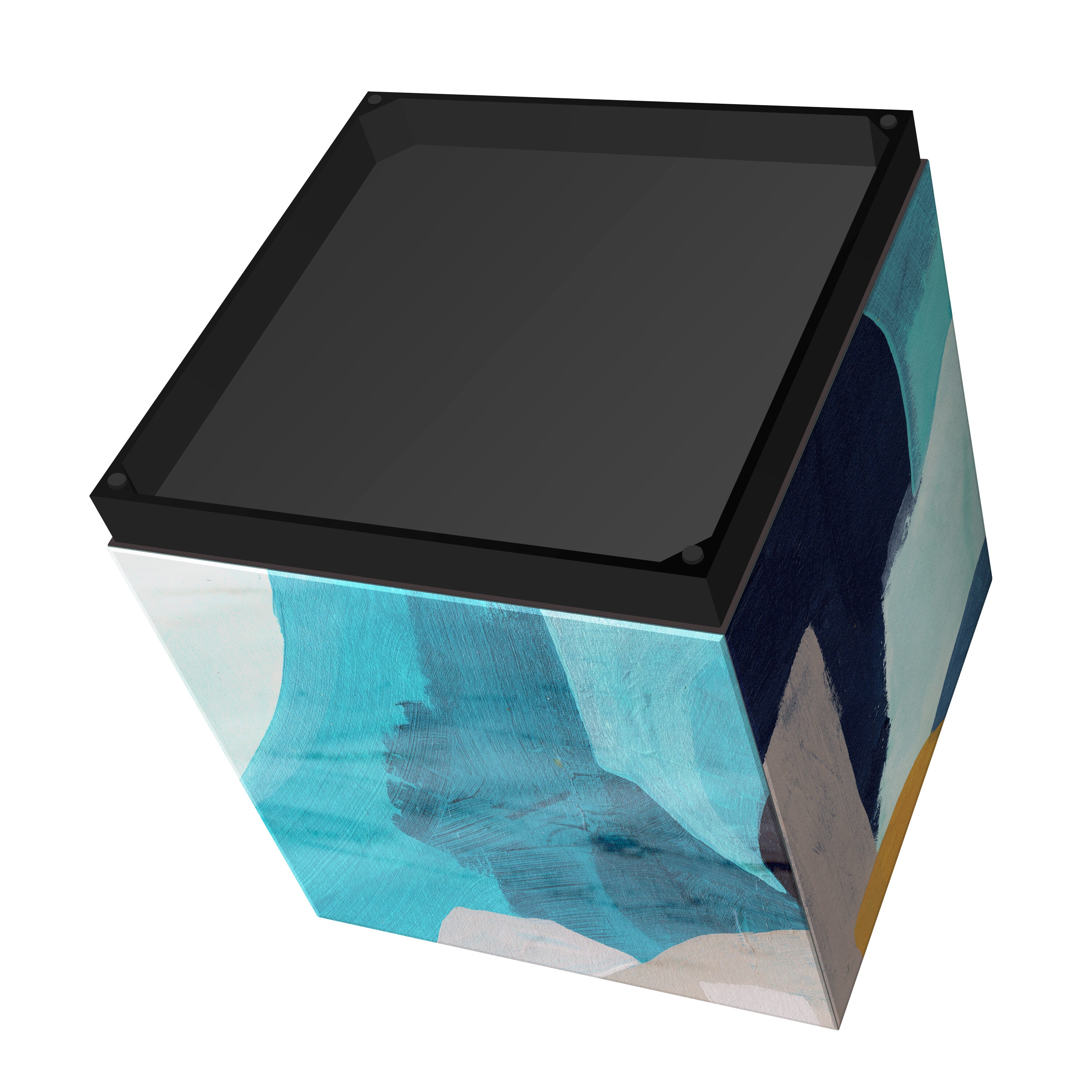 Slate and Cerulean Blue Art Glass Square Side Table with Black Plinth