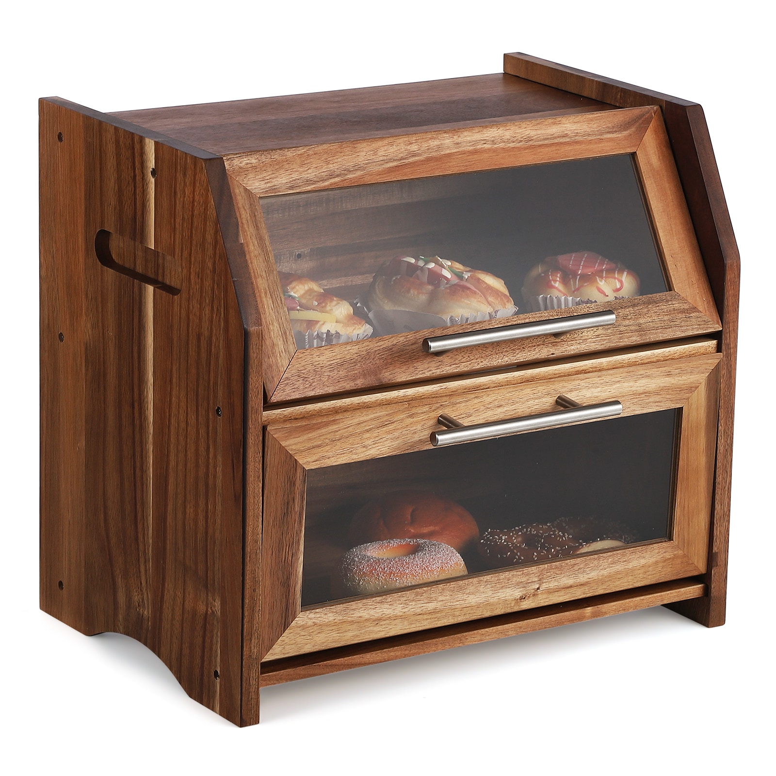 IdealHouse Extra Large Farmhouse Acacia Wood Bread Storage Container - Double Layer Food Storage Bin with Clear Acrylic Doors and Ventilation - Rustic Bread Box - Keeps Bread Bagels and Pastries Fresh - Brown and Silver