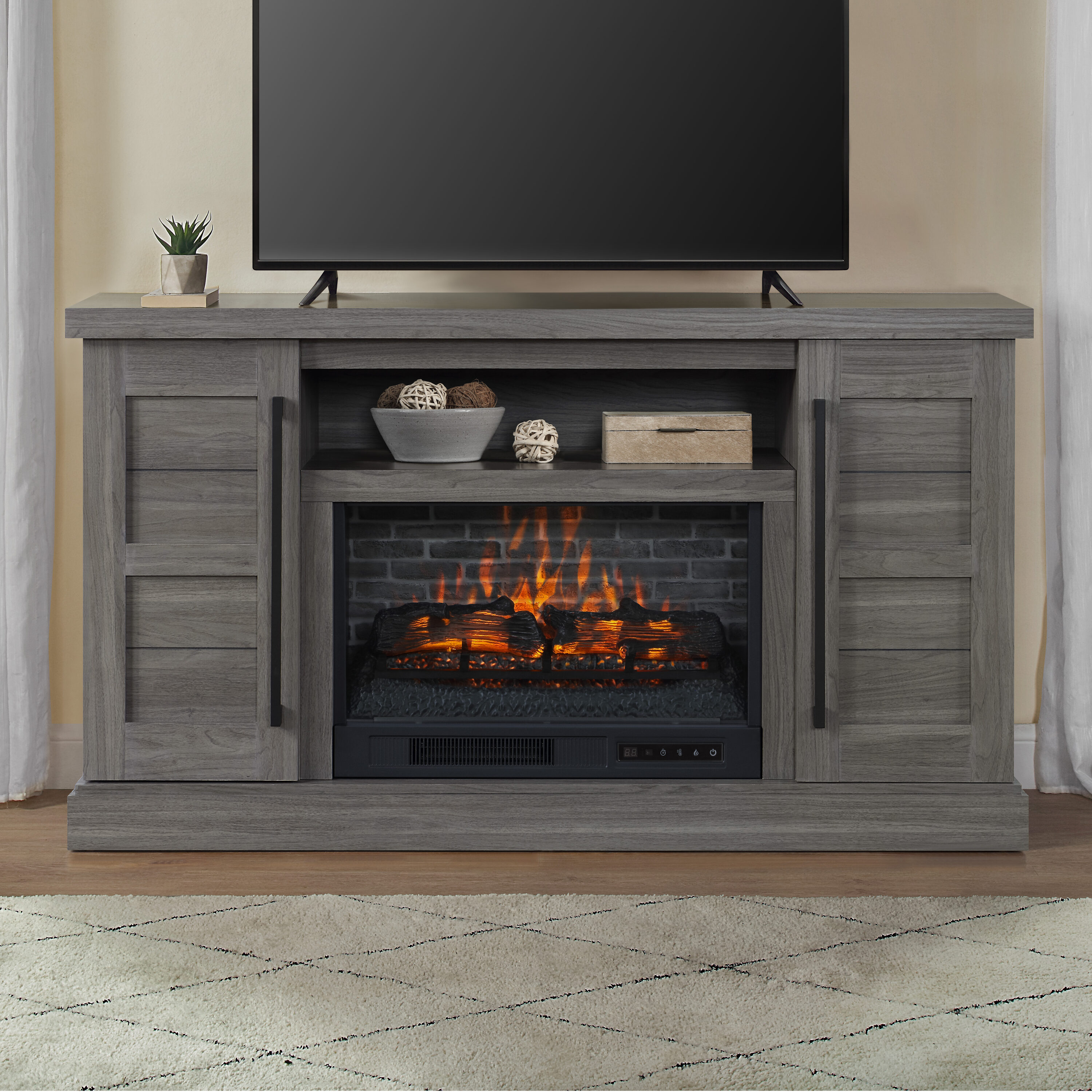 58-in W Gray TV Stand with Infrared Quartz Electric Fireplace | - allen + roth LWFP58-7