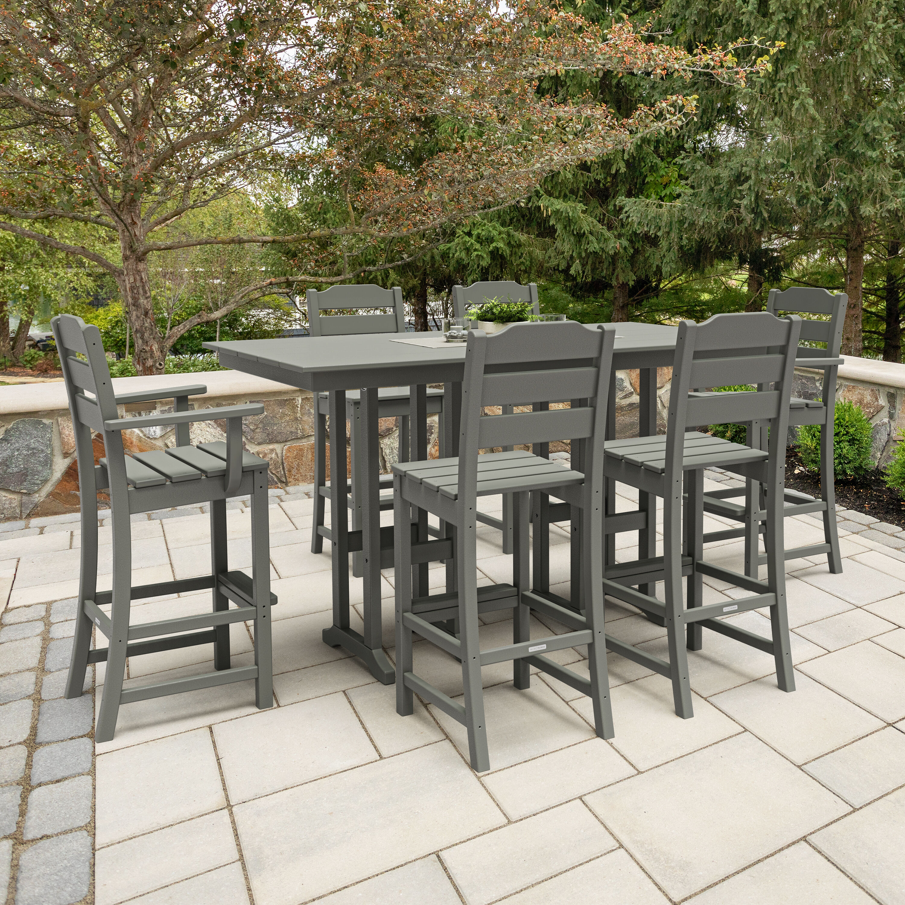 POLYWOOD PWS2540-1-GY Oakport 7 -Piece Slate Grey Bar Height Patio Dining Set Plastic Rectangle Table with 6 Stationary Chairs