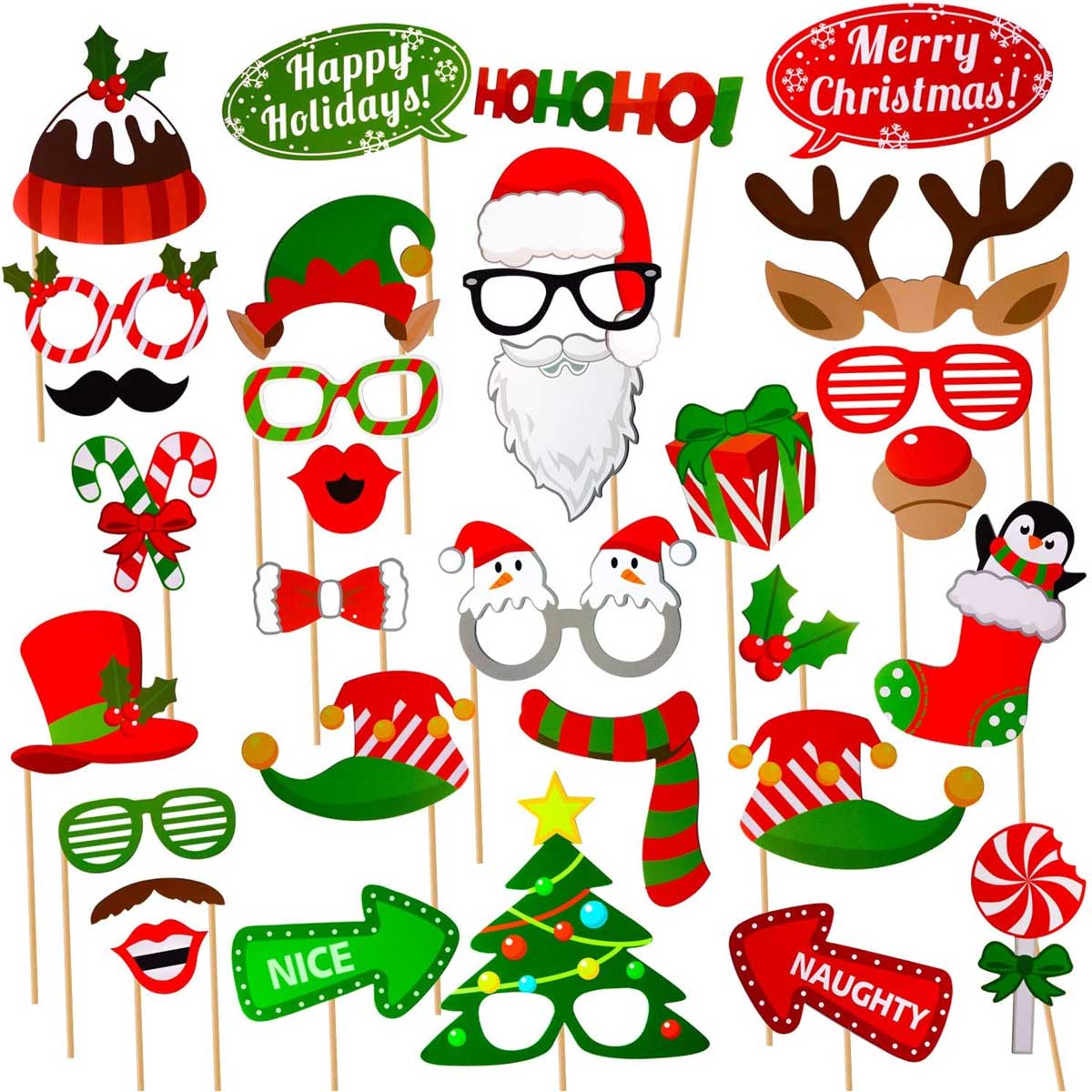 Aoibox  32 Piece Christmas Photo Booth Props Kit DIY Pose Sign Kit for Adults and Kids Santa Hat Beard Sock Patterns for Holiday Party Decor