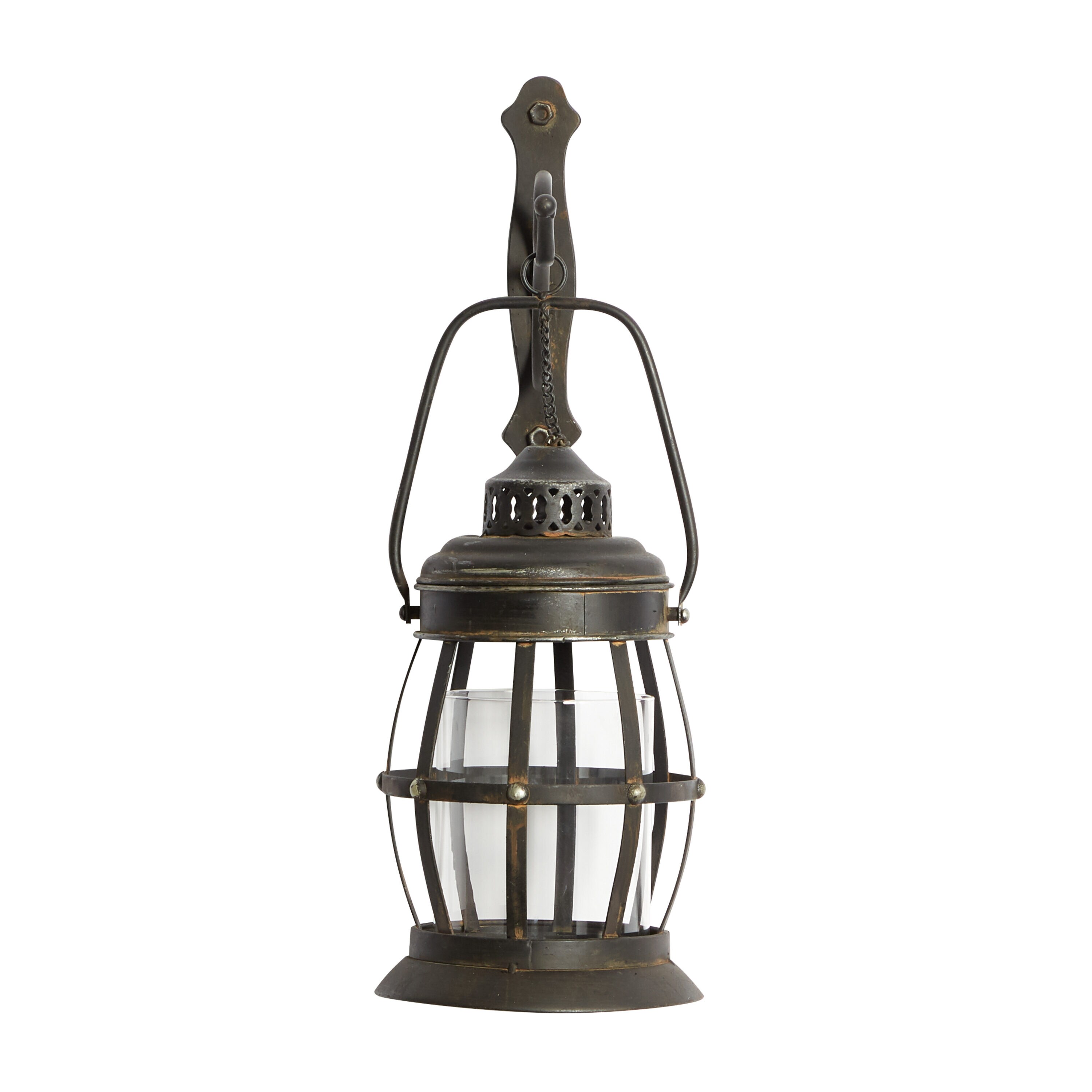 Elegant Brown Bronze Metal Glass Lantern Wall Sconce, 7"W x 19"H