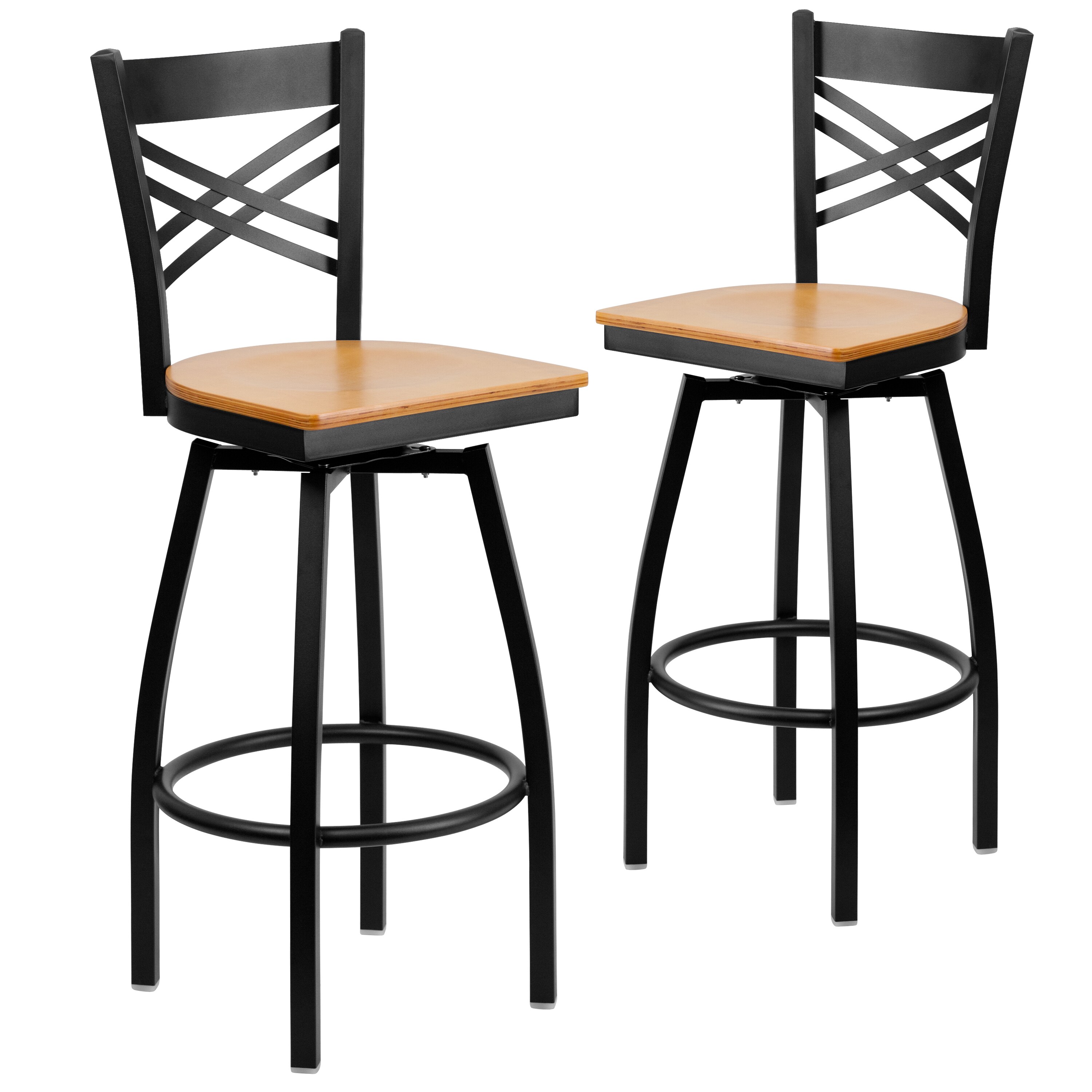 Emma + Oliver 889142910787 2 Pack Black X Back Swivel Metal Barstool - Natural Wood Seat