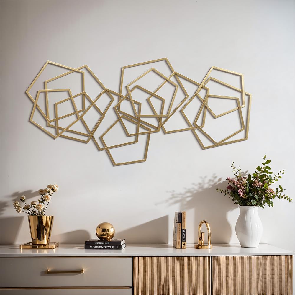 LuxenHome Gold Iron Abstract Geometric Wall Sculpture, 47.4-Inch Wide