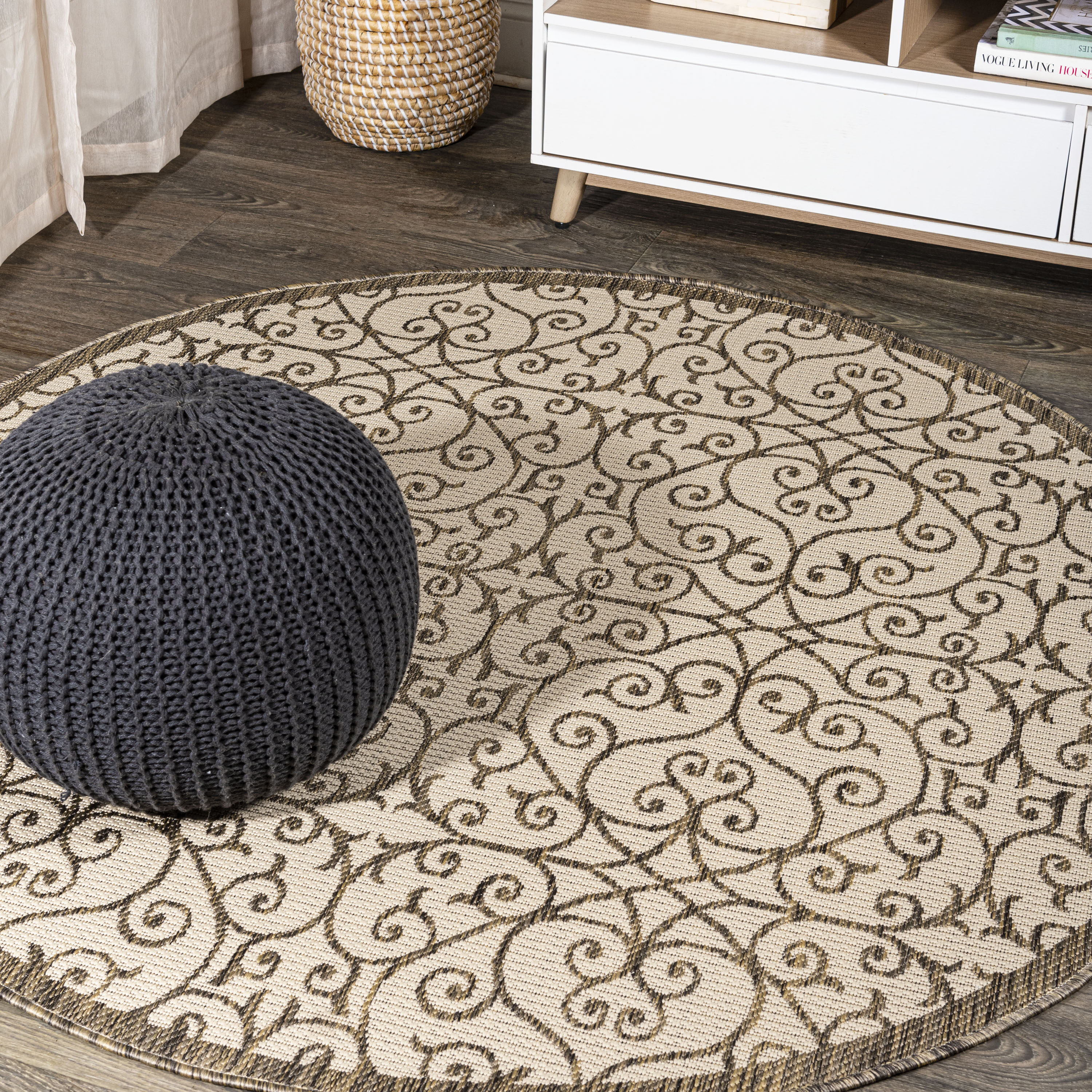 JONATHAN  Y SMB107B-8R SANTA MONICA Madrid Vintage Filigree Textured Weave 8 x 8 (ft) Polypropylene Beige/Brown Round Indoor Medallion Bohemian/Eclectic Area rug
