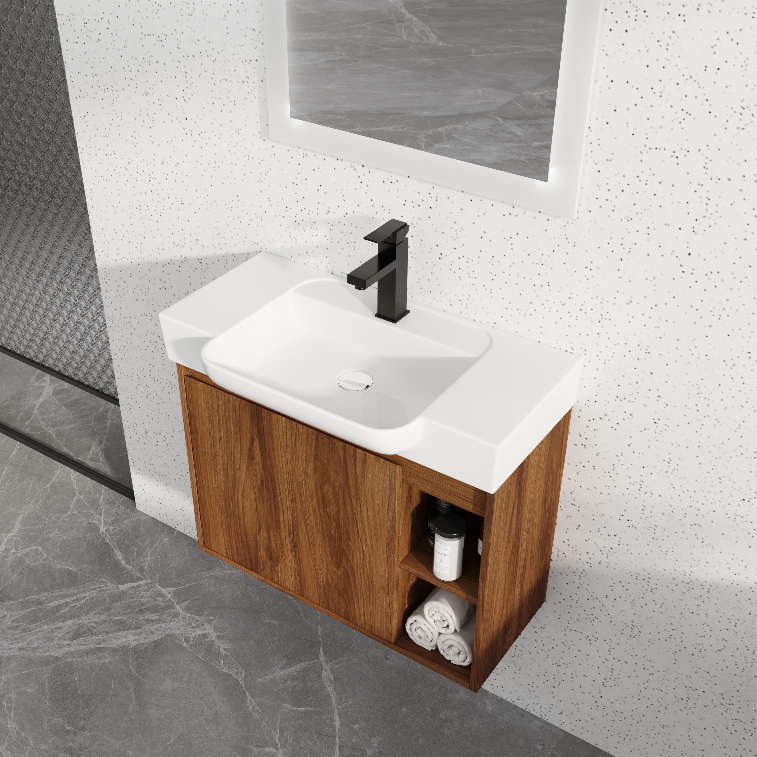 WELLFOR GIRM01-2432S 27-in Brown Undermount Single Sink Floating Bathroom Vanity with White Ceramic Top