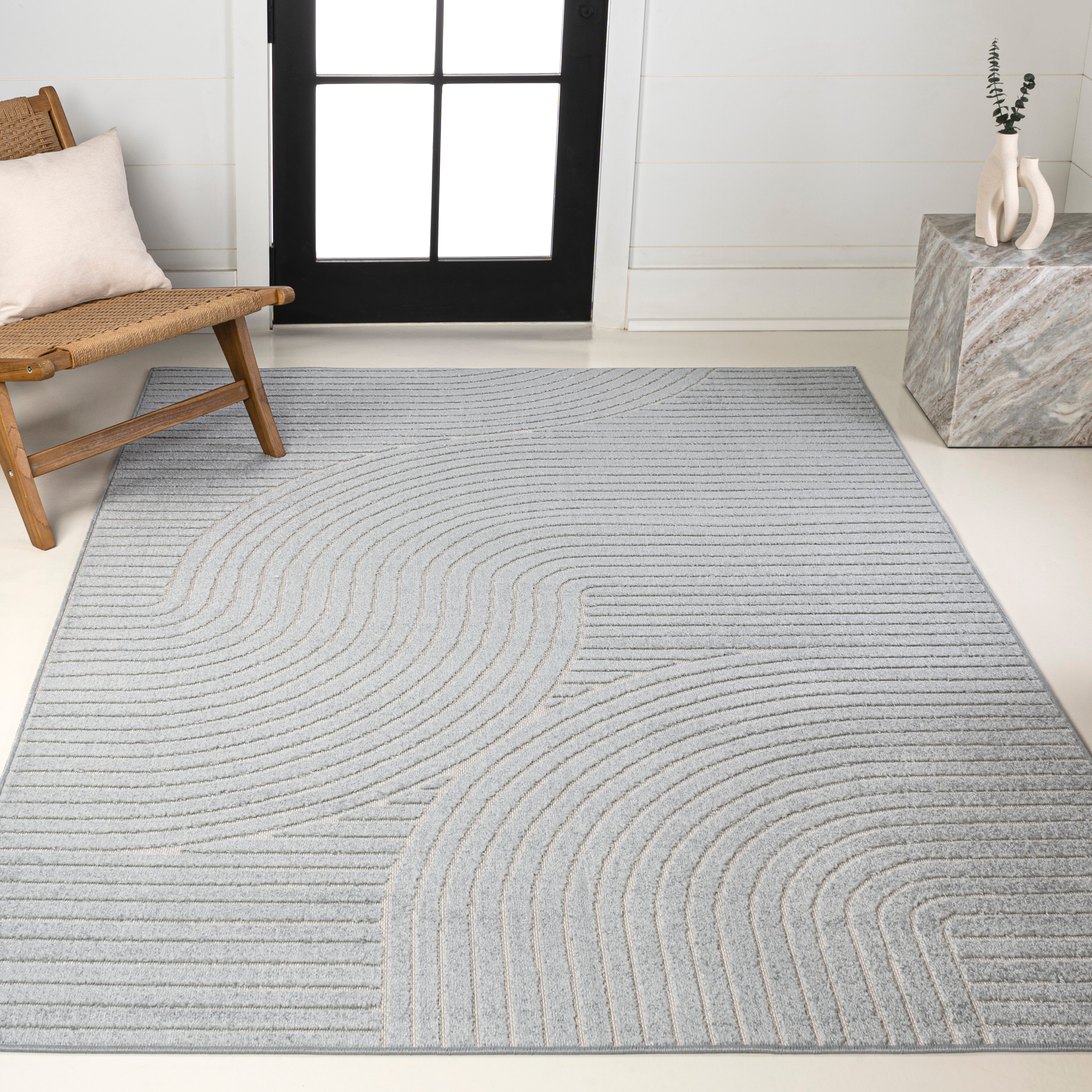 JONATHAN  Y SCN100E-3 SCANDINAVIAN Hallie High-Low Minimalist Curve 3 x 5 (ft) Loomed Polypropylene Light Blue/Cream Rectangular Indoor/Outdoor Geometric Bohemian/Eclectic Area rug