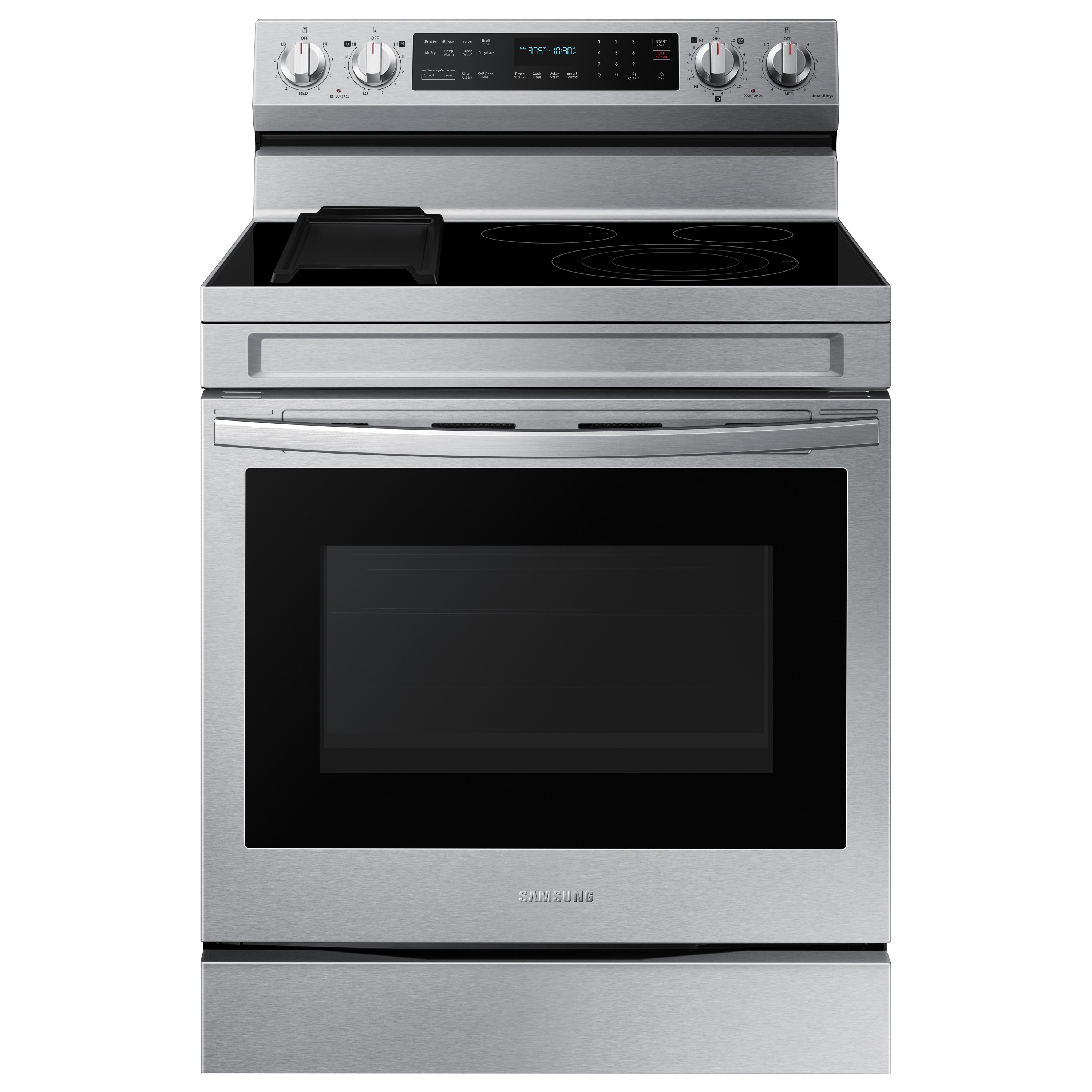 Samsung 30-in Glass Top 5 Burners 6.3-cu ft Self & Steam Cleaning Air Fry Convection Oven Freestanding Smart Electric Range (Fingerprint Resistant Stainless Steel)