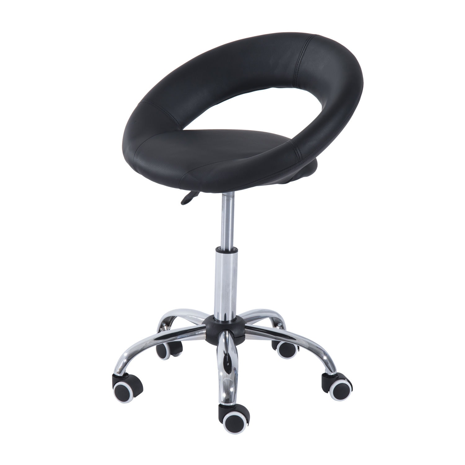 HomCom 02-0696 Crescent Rolling Salon Stool with Adjustable Height  Breathable Open Back  Foam Cushion Seat  and 5 Caster Wheels  Black