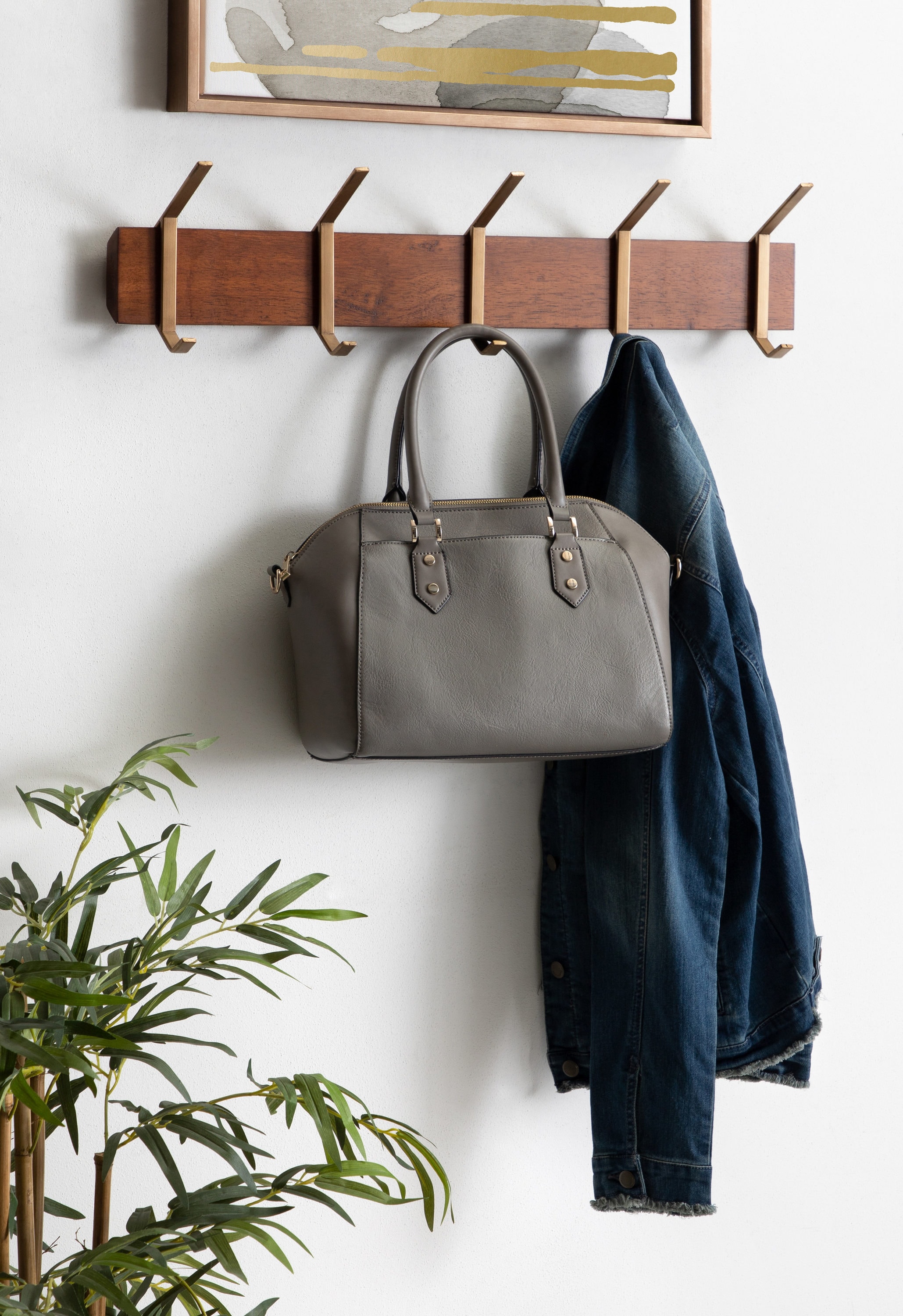 Walnut Brown 5-Hook Shelf with Brushed Gold Finish