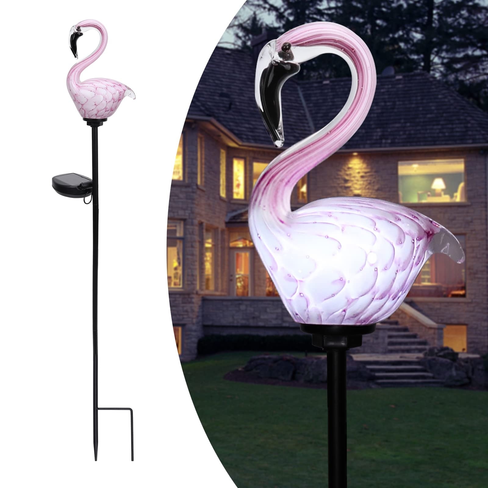 Oyezvary  Solar Outdoor Garden Stake Light Flamingo Handblown Glass Waterproof Decorative Pathway Light for Yard Lawn Holiday Display