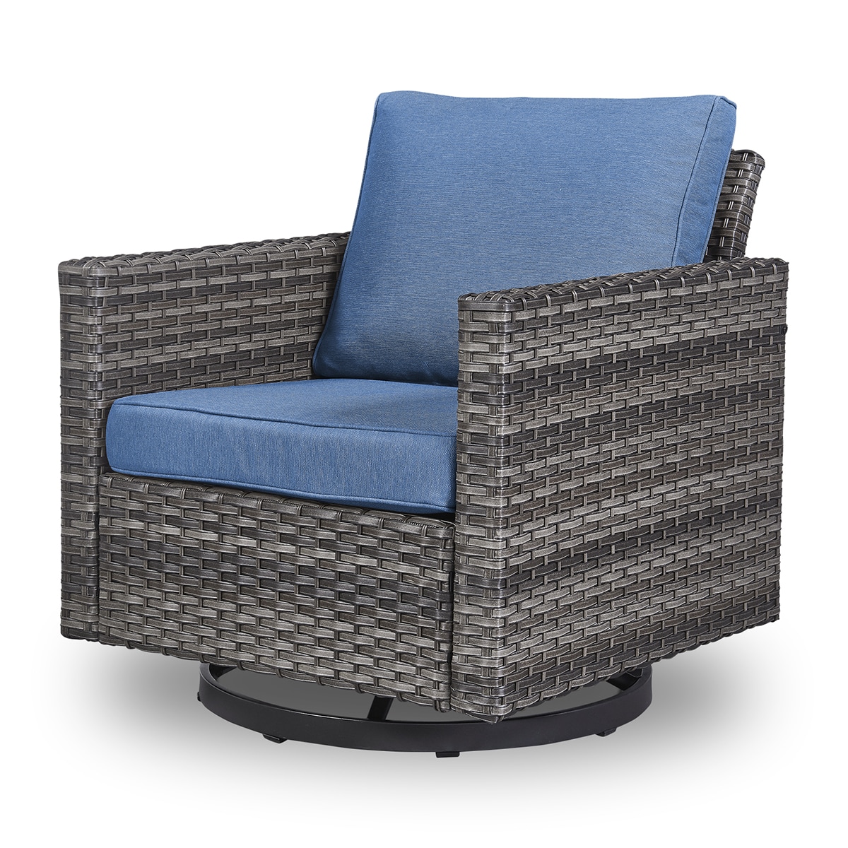 Rilyson FS146GYBU U-Ft Wicker Gray Wicker Frame Swivel glider Conversation Chair with Blue Blue Cushioned Seat