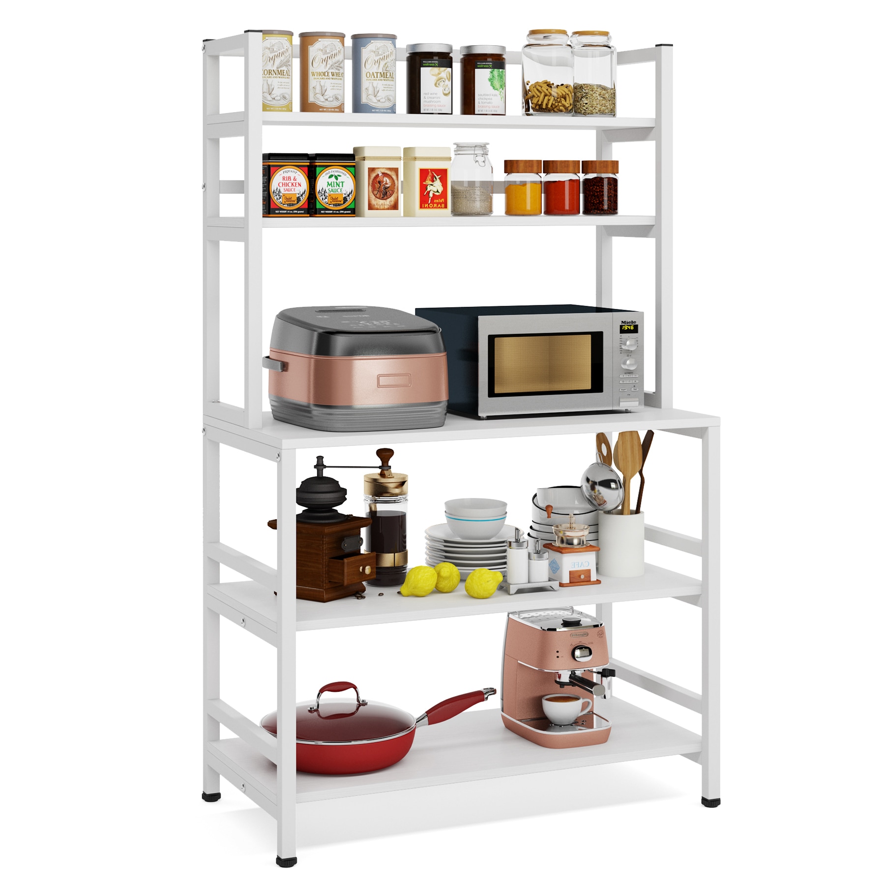 FUFU&GAGA White 5-Tiers Standing Baker's Racks with Wood Table Utility Storage Shelf Kitchen Organizer Rack