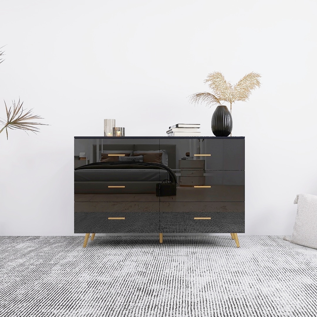 LOVMOR SF-WO-W2139134916 High Glossy Surface 6 Drawers Chest of Drawer with Golden Handle and Golden Steel Legs Black Color Vanity