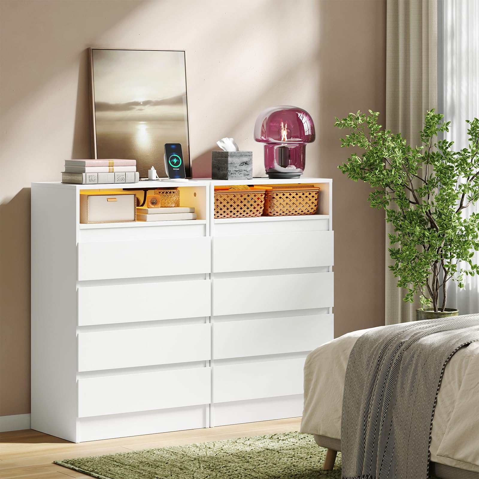 IdealHouse Set Of 2 Modern White 4 Drawer Dresser Chests With LED ...