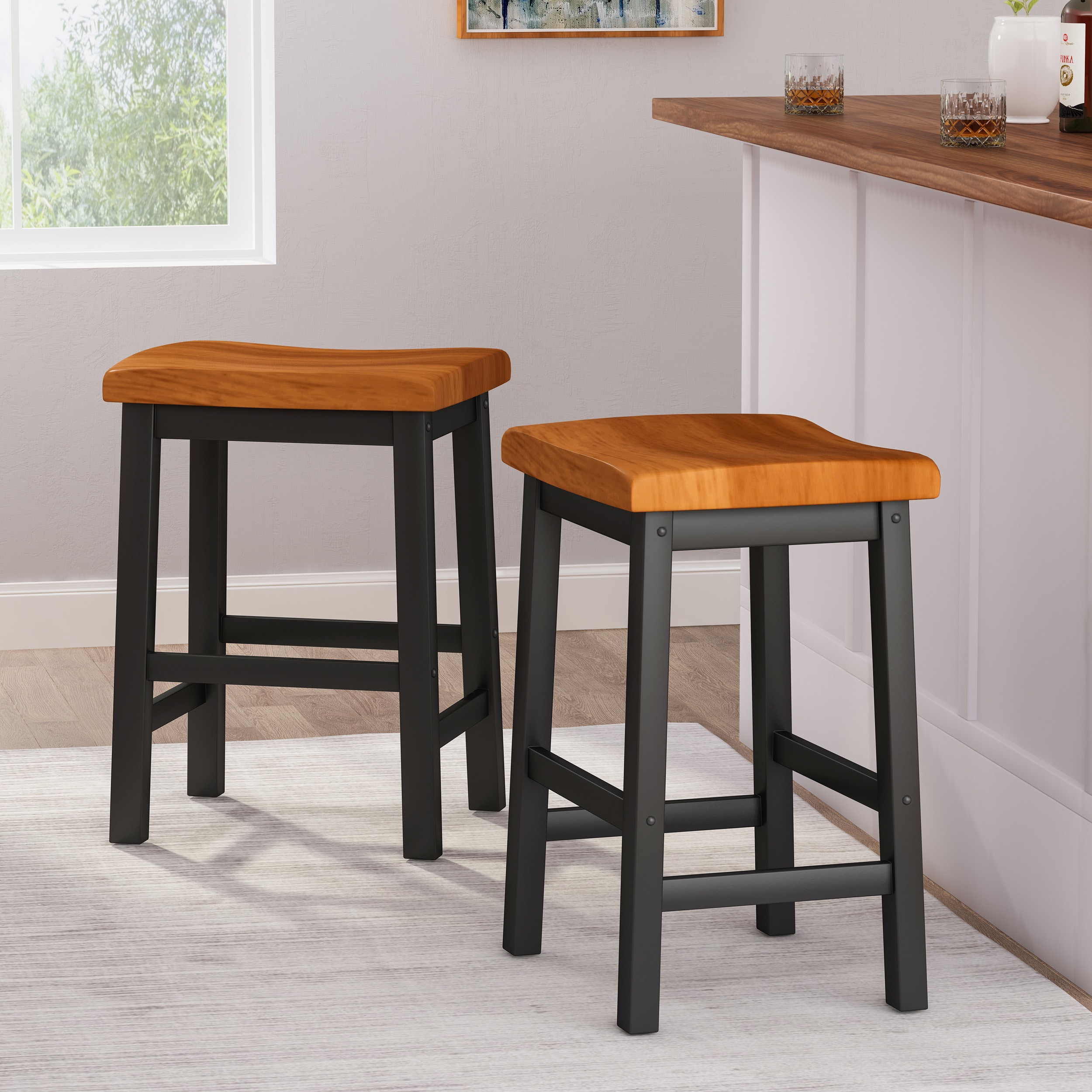 Brown and Black Wooden Saddle Style Backless Counter Stools, 24-Inch Height