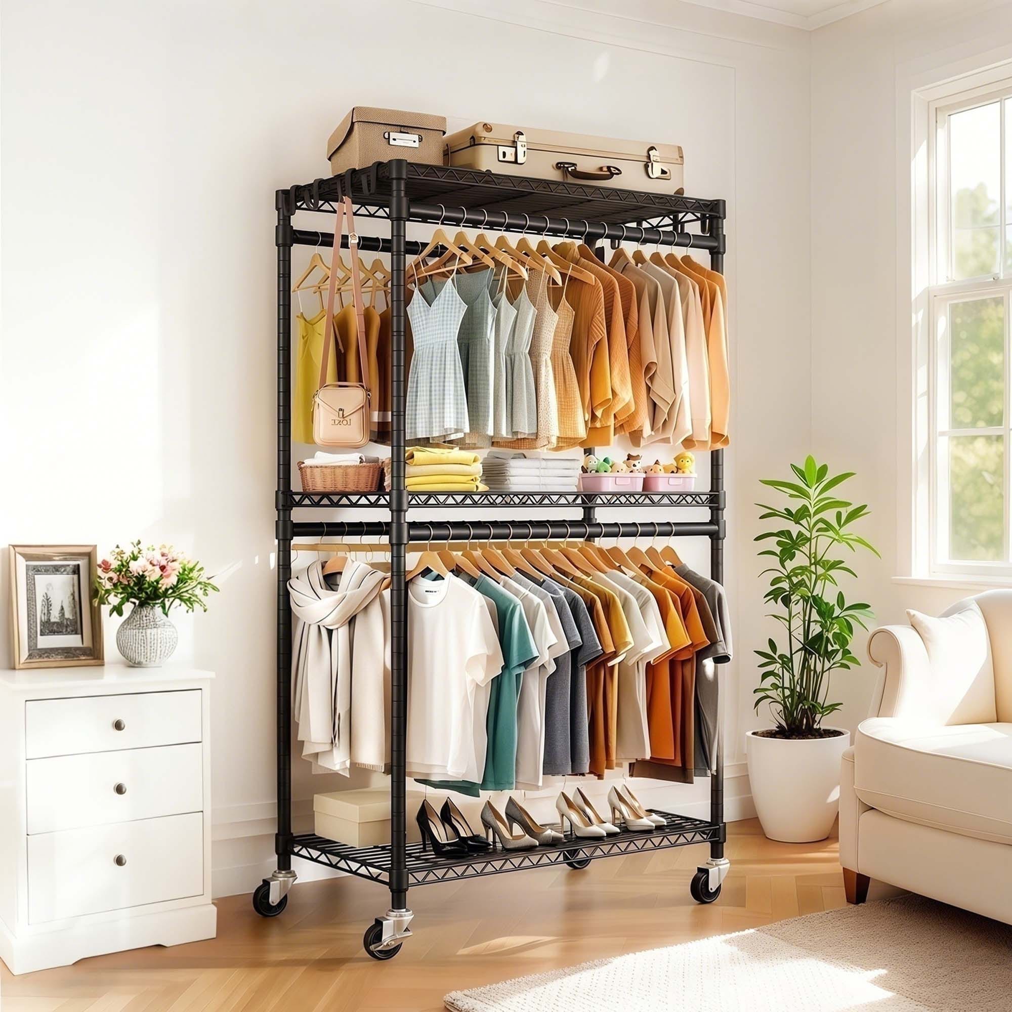 Boyel Living Rolling Clothes Rack 3 Tier Adjustable Shelving with Wheels and Side Hooks