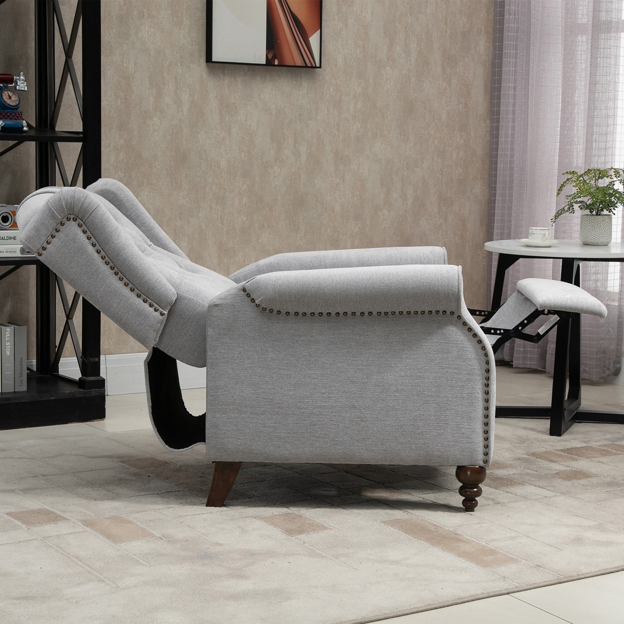 Gray Velvet Upholstered Recliner with Button Tufting