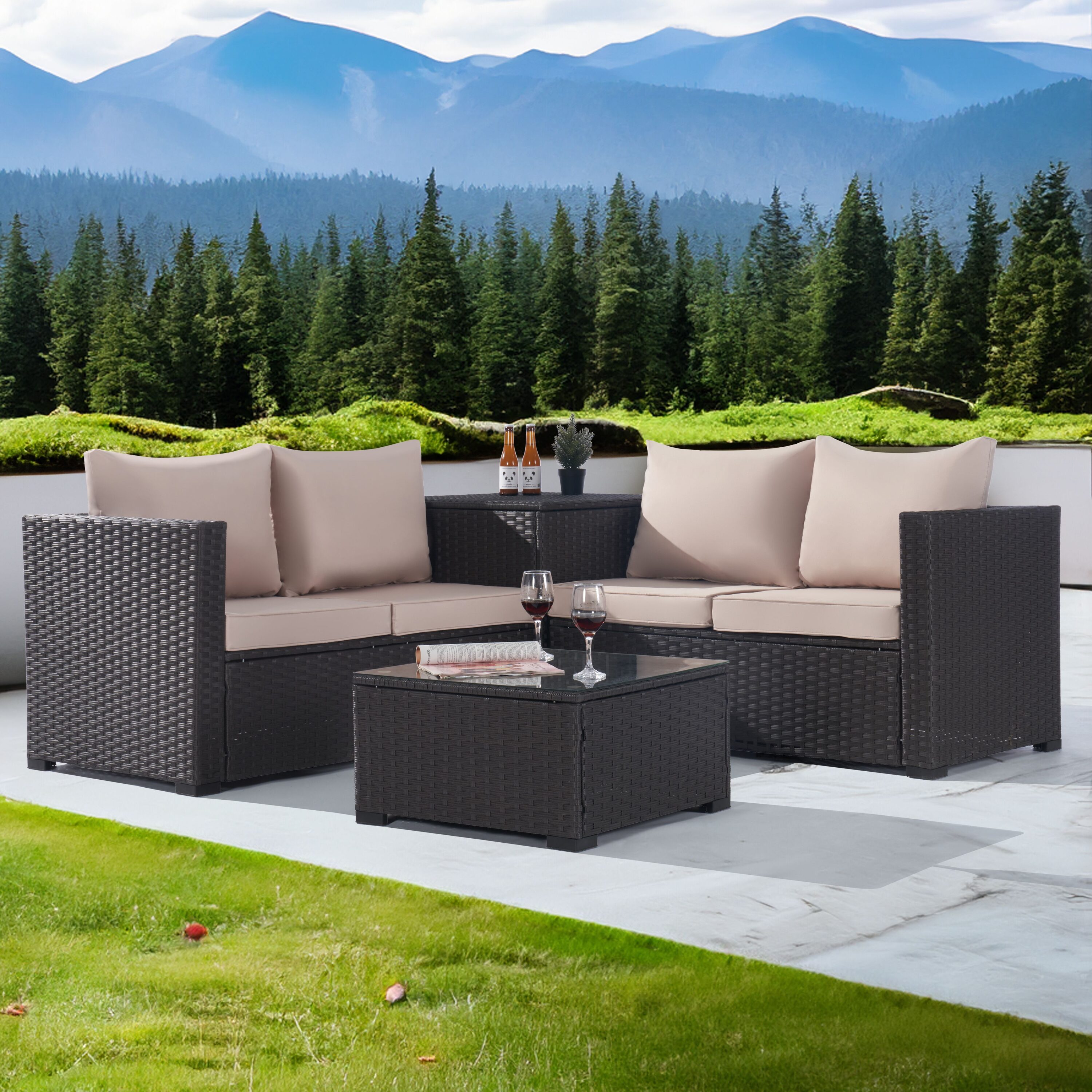 SANSTAR L-WS-C2-SN 4 -Piece Rattan Patio Conversation Set with Brown Cushions