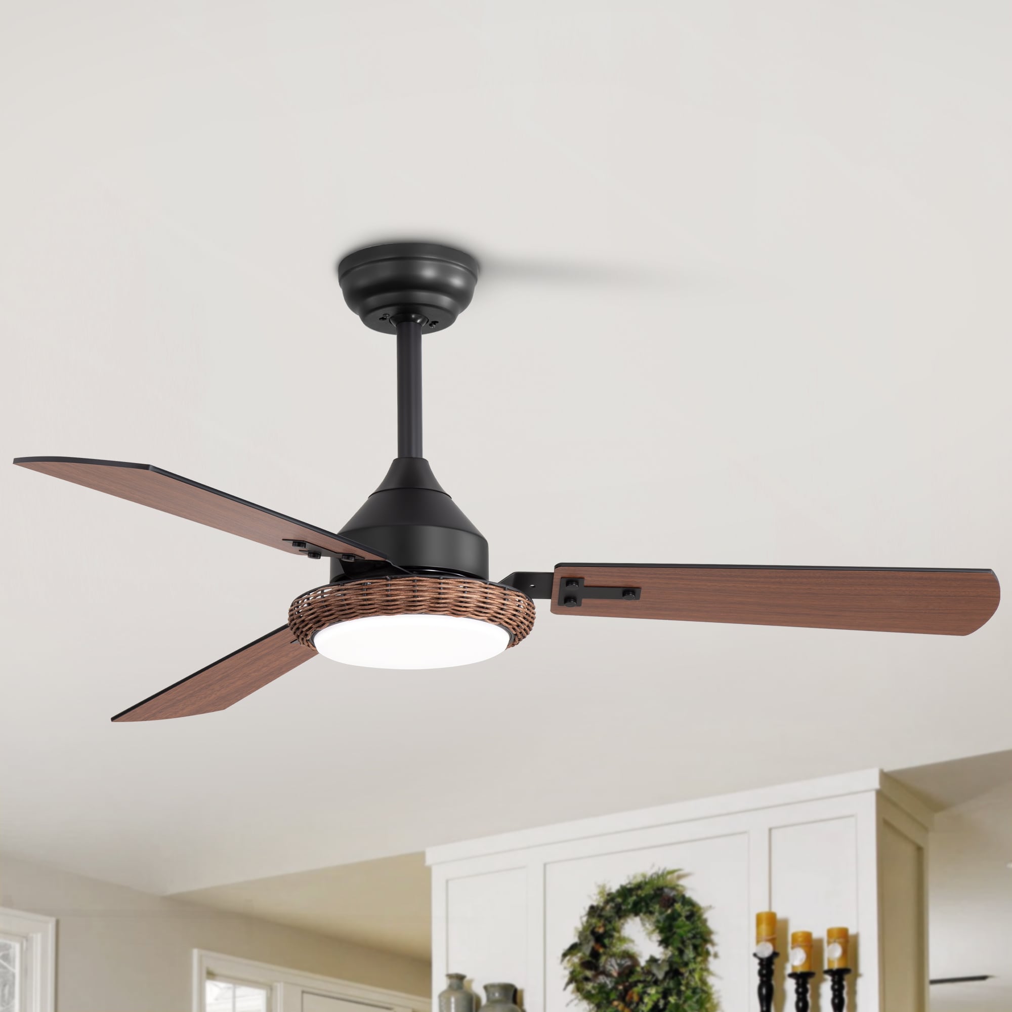 Breezary 32016-BR 48-in Color-Changing Integrated LED Matte Black with Black and Deep Walnut Blades Fandelier Ceiling Fan With Light - Remote Included ( 3 -Blade )