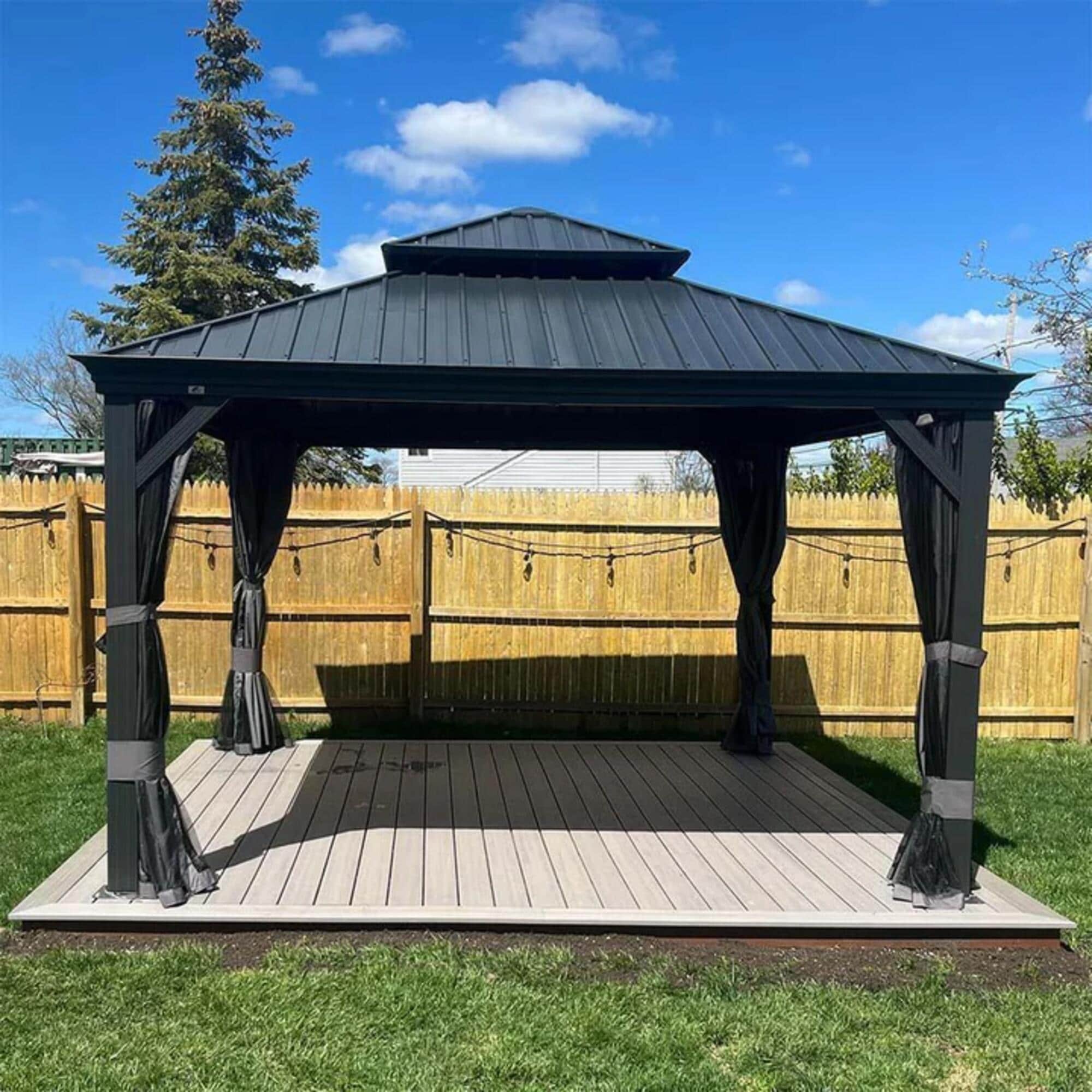 PURPLE LEAF 13-ft x 13-ft Aluminum Frame Gazebo with Galvanized Steel Double Roof for Patio Lawn and Garden Curtains and Netting Included Gray Gazebo with Hardtop Roof (Screen Included)