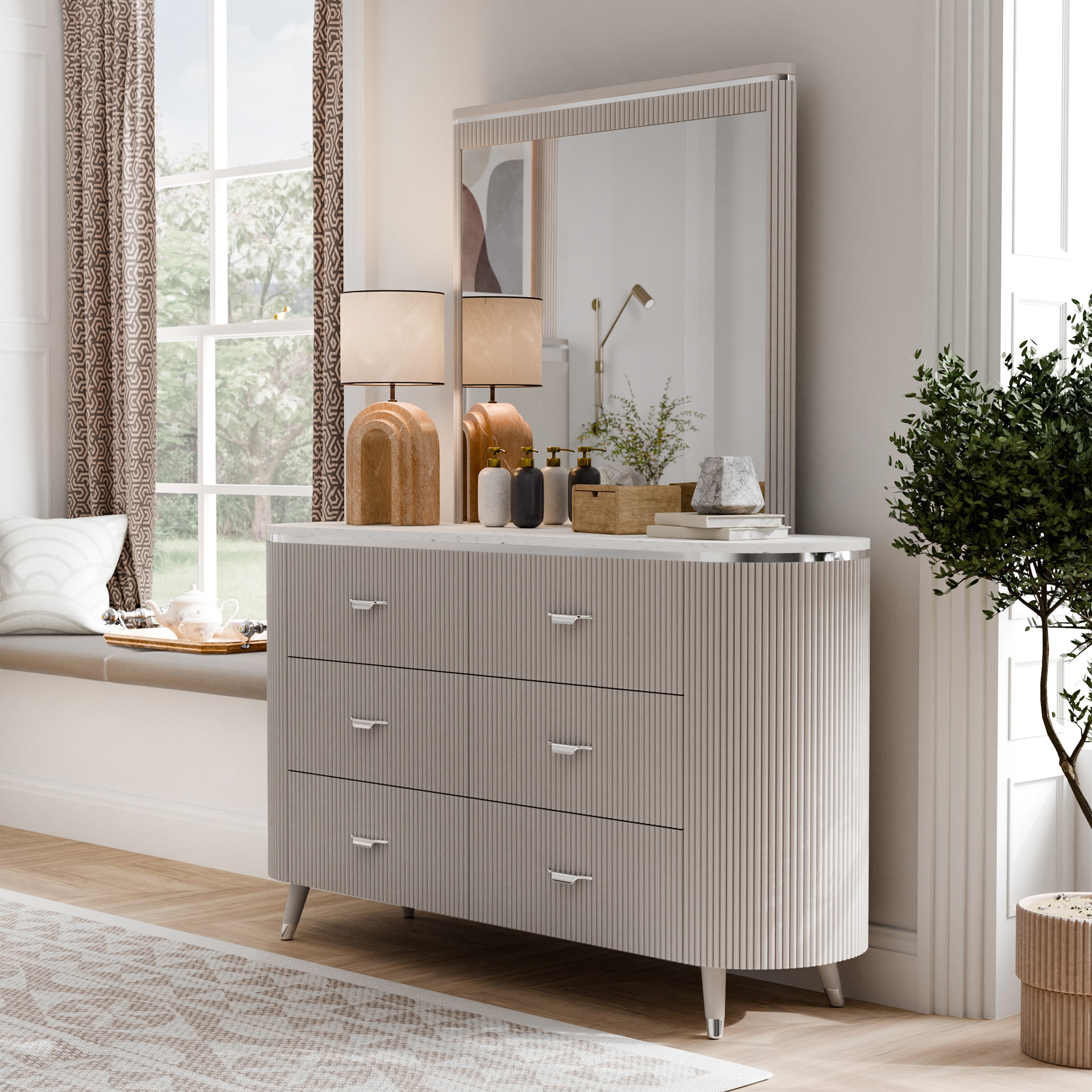 Furniture of America IDF-N7243GY-DM Quill Light Gray Rubberwood 6 -Drawer Standard dresser with Mirror