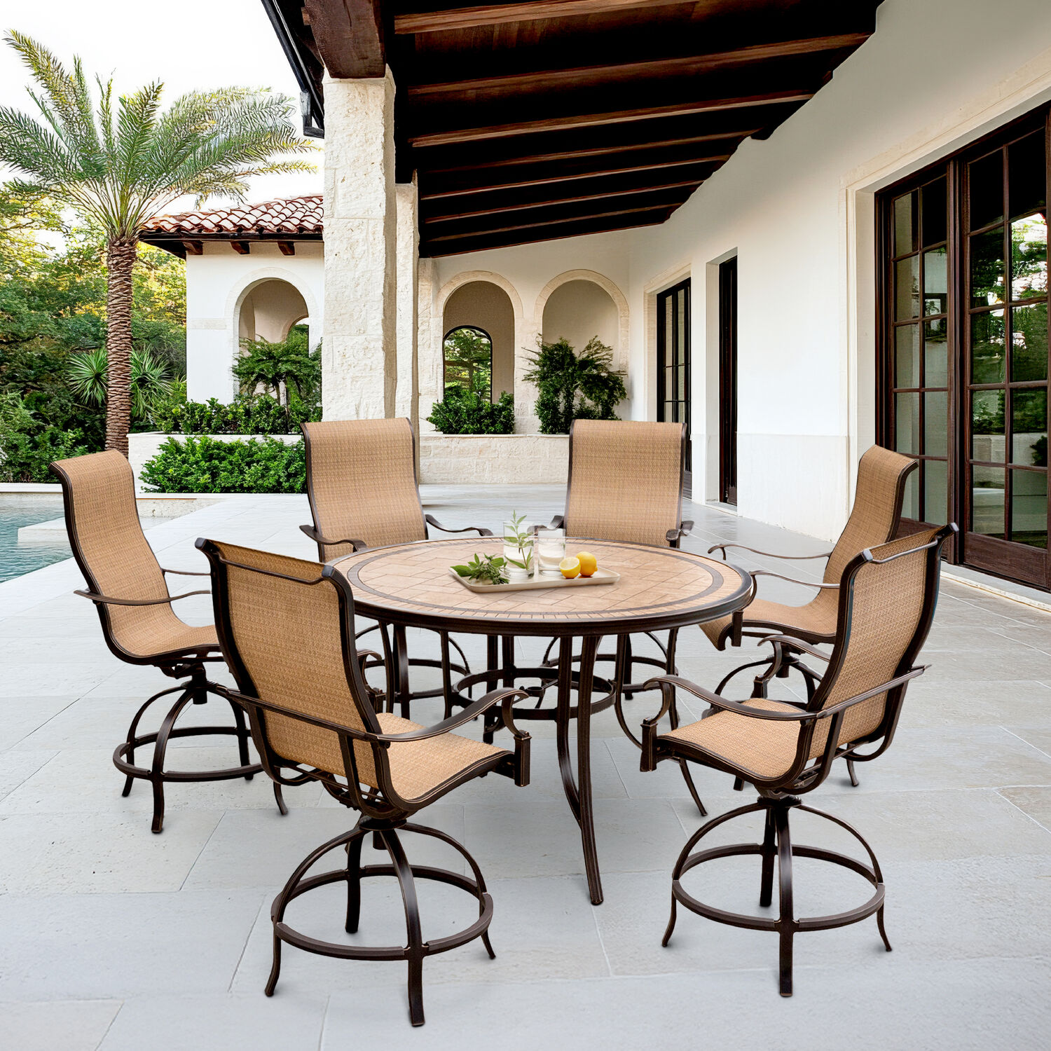 Monaco Tan and Bronze Aluminum 7-Piece High-Dining Set with Round Tile-Top Table