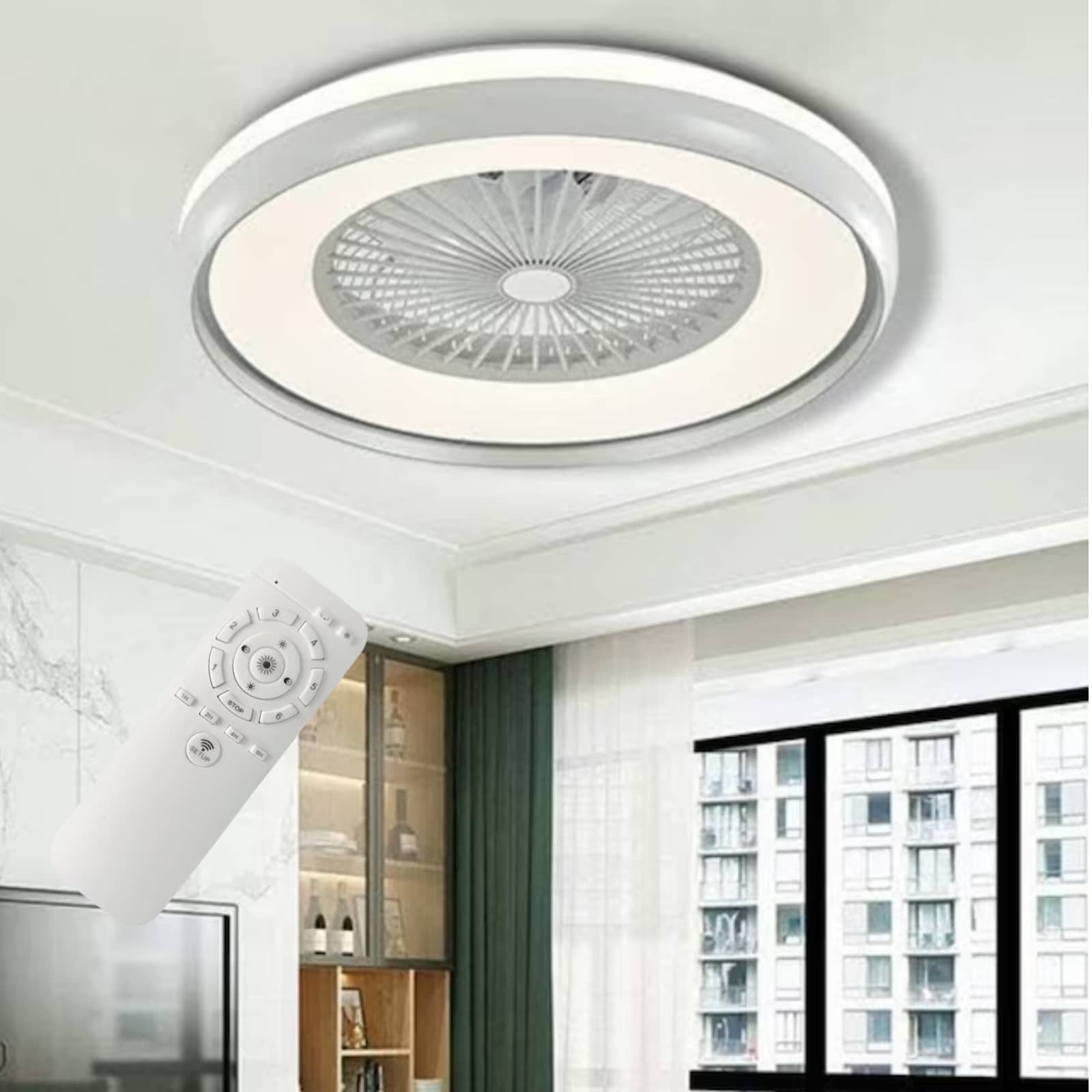 Oukaning HG-HCXLST-3043-US-BT 20-in Color-Changing Integrated LED Flush Mount White-Gray Reverse-DC Timing with ABS Blades Bladeless Ceiling Fan With Light - Remote Included ( 5 -Blade )