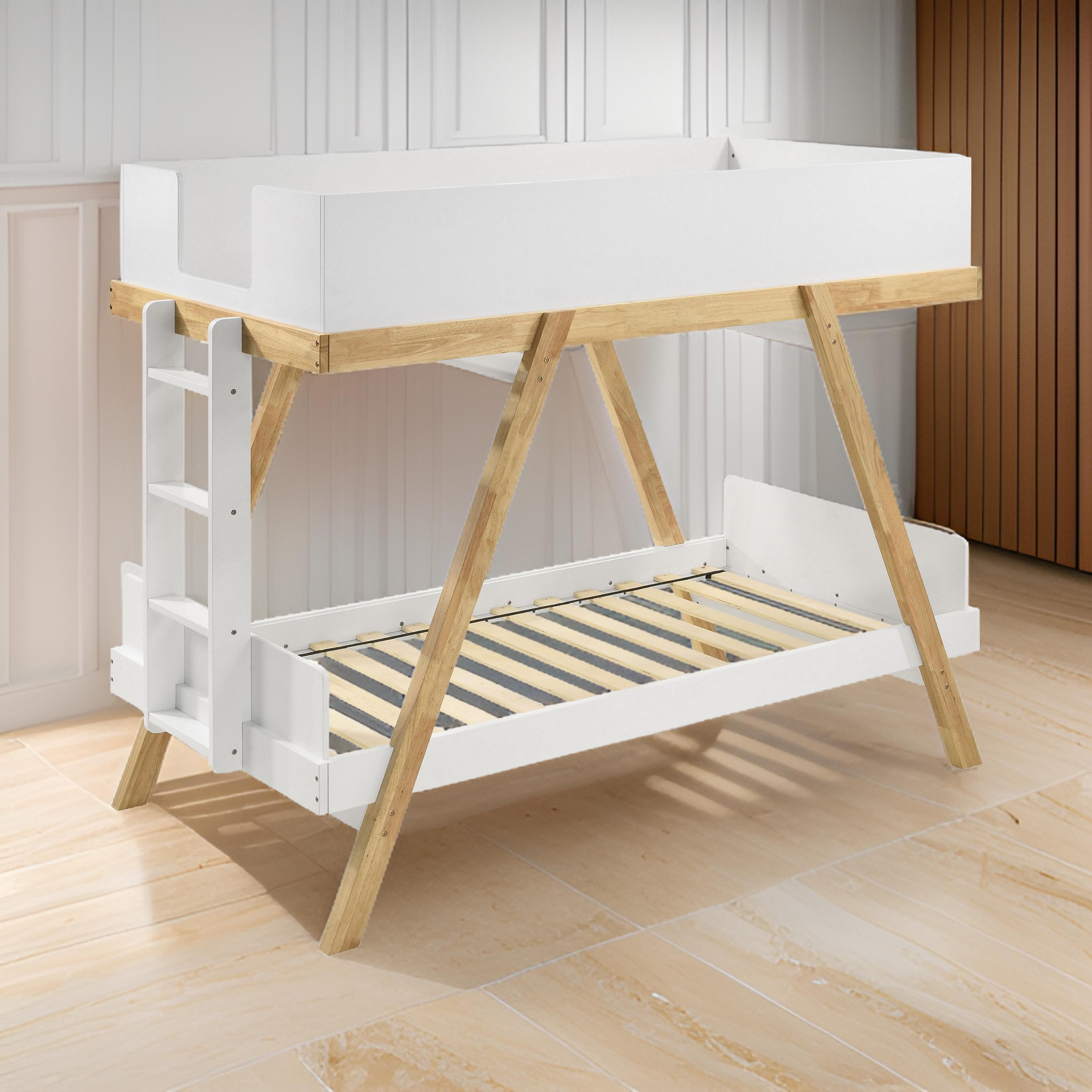 Benzara Anky White and Brown Twin Bunk Bed with 3 Side Panel Rails