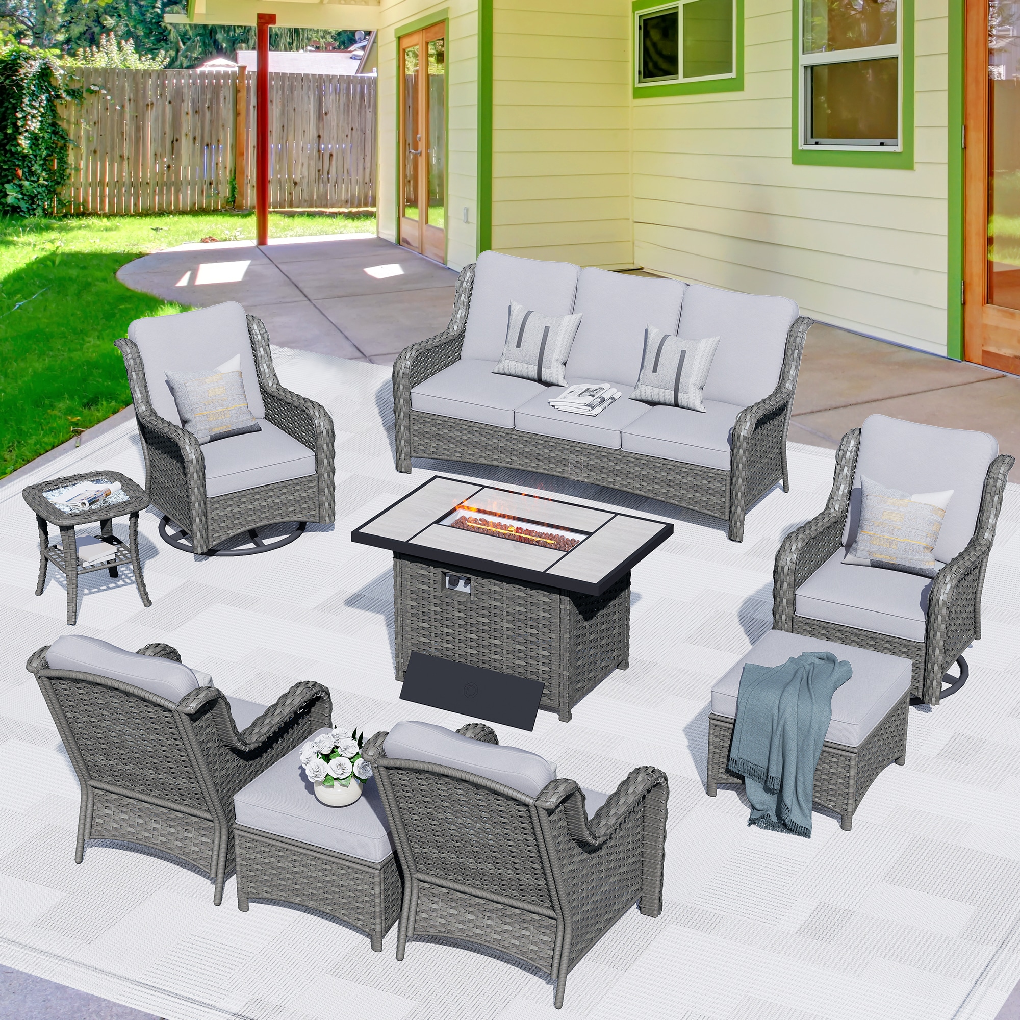 Pouuin SRFPGNTC409 9 -Piece Wicker Patio Sofa Conversation Set with Gray Cushions