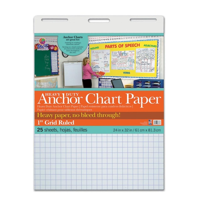Pacon Heavy Duty Anchor Chart Paper, Non-Adhesive, White, 1 In Grid Ruled 24  In x 32 In, 25 Sheets at