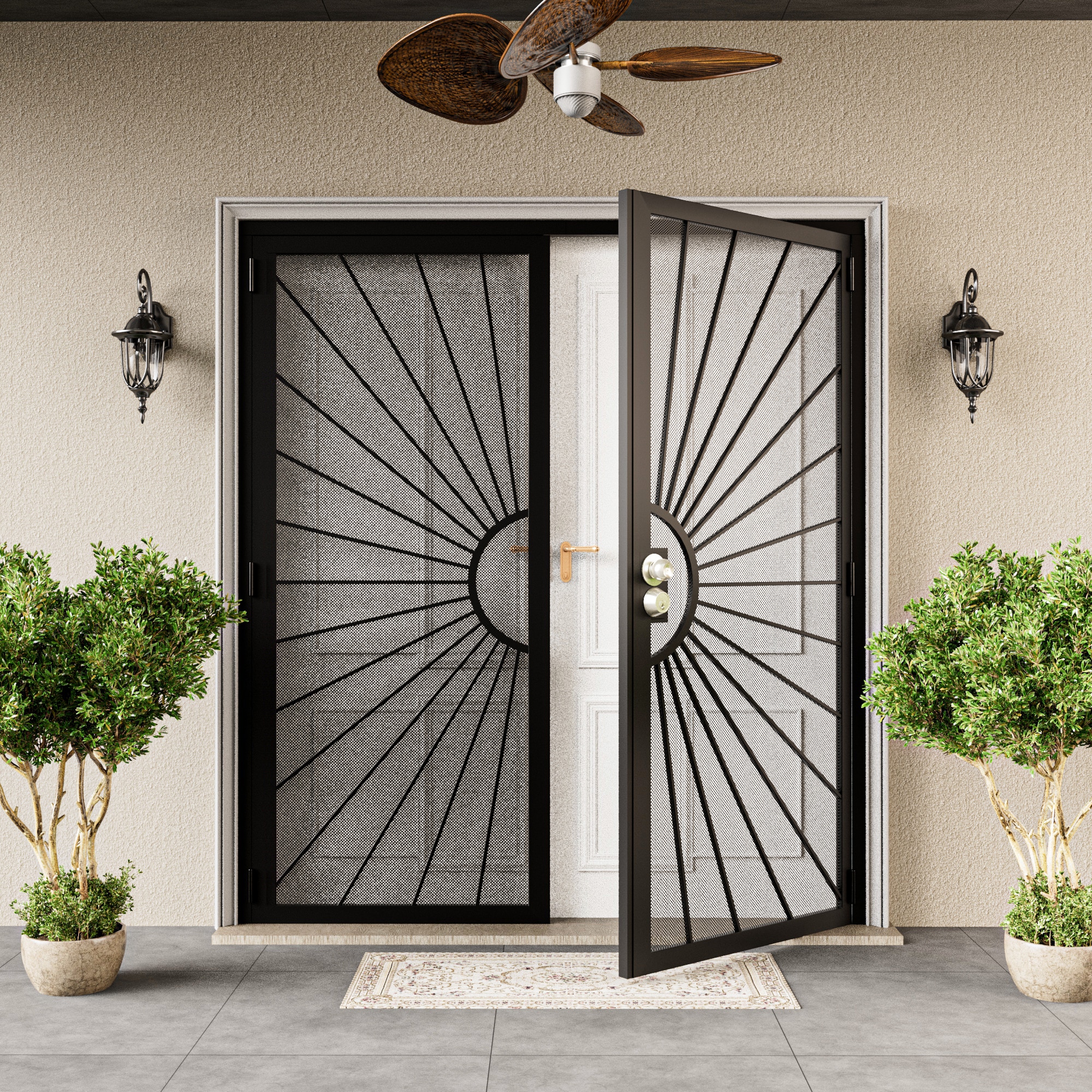 JUJUBON EX-SECDSD-BLTY-L-72 Security door 72-in x 80-in Black Steel Recessed or surface mount Universal/Reversible Prehung Double Security Door with Black Screen and Lockset included