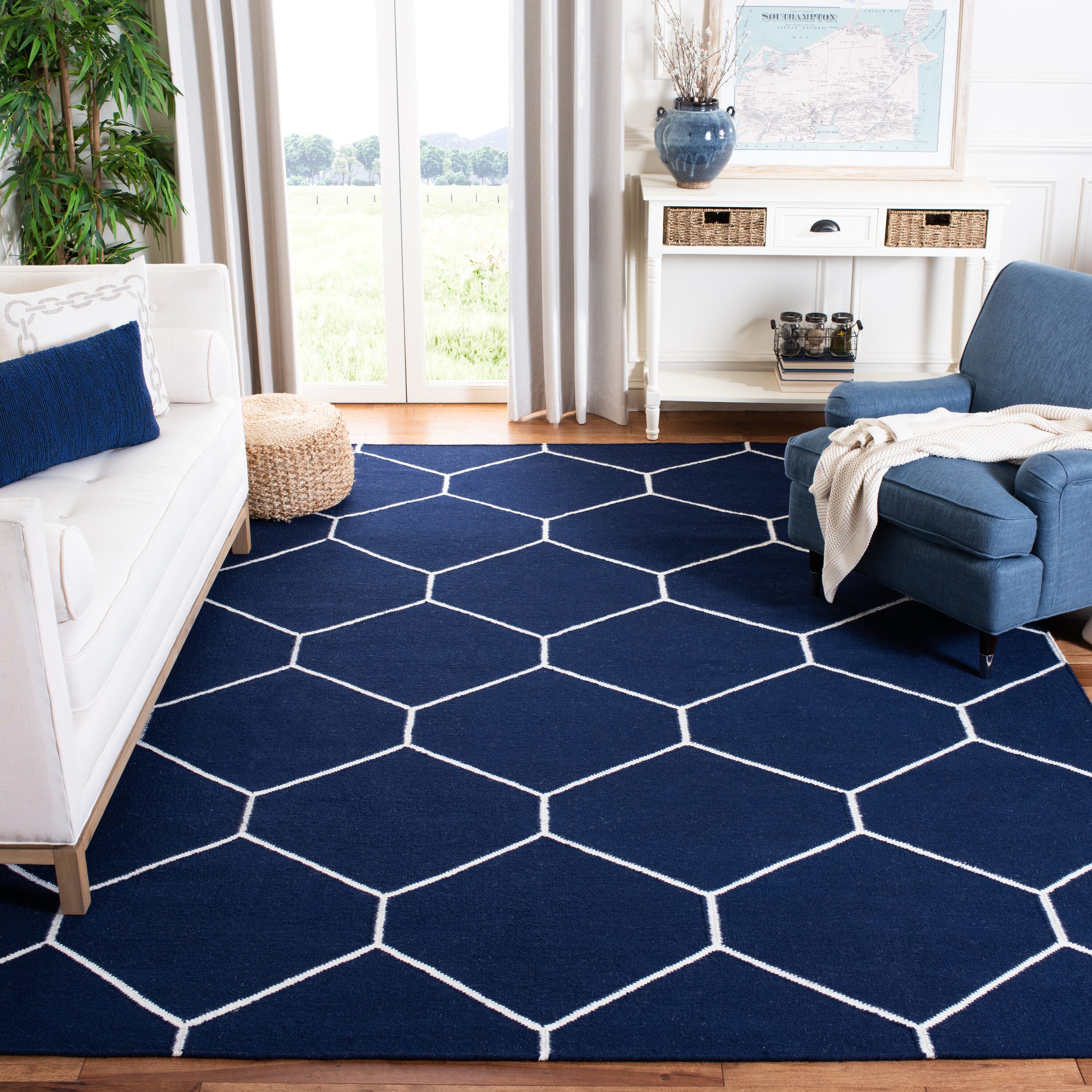  Dhurries 635 Navy/Ivory Contemporary 8ft x 10ft Large Rectangle Rug