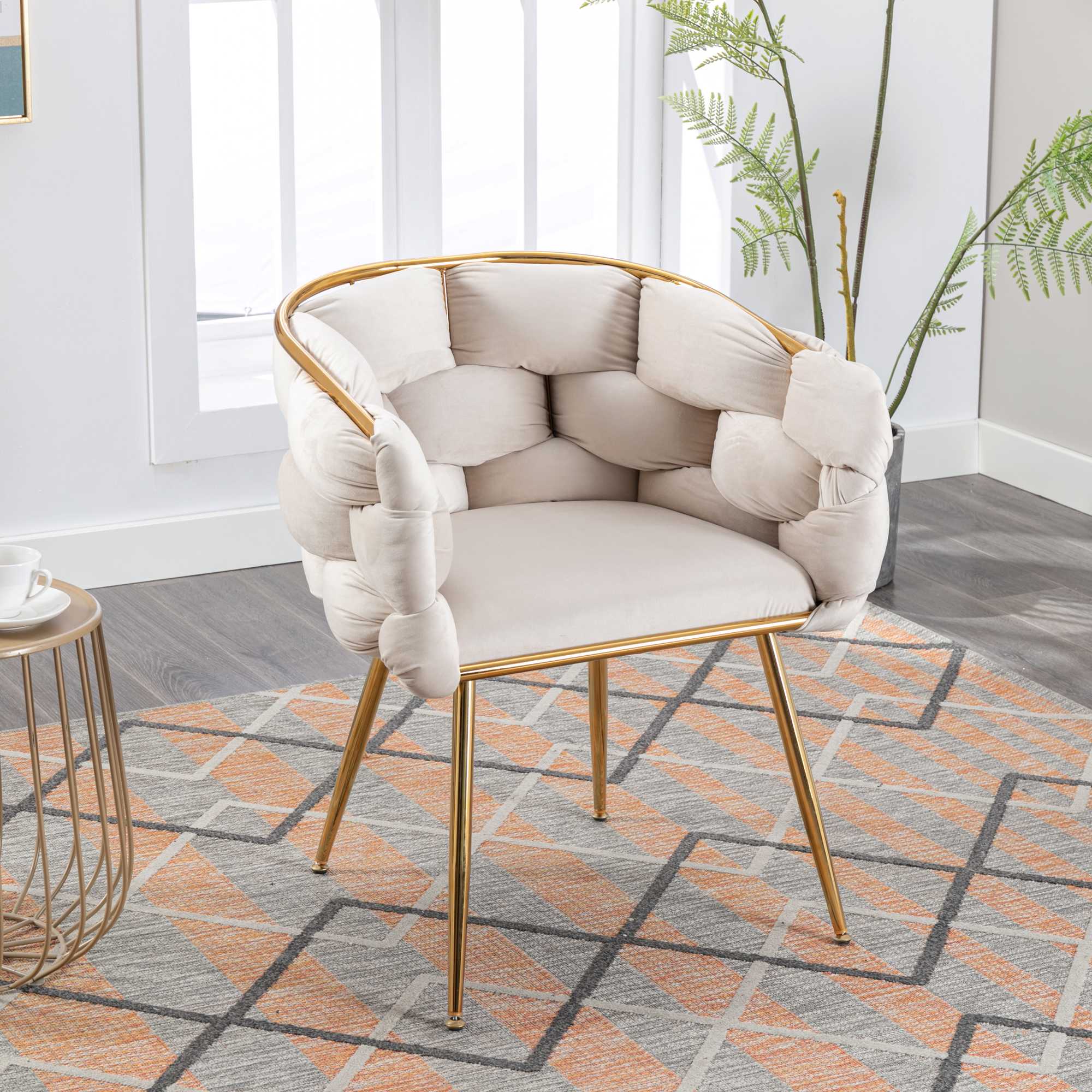 Qeetex GGL-FQGXX-ECPIFDNDB Modern Accent Dining Chairs Upholstered Velvet Home Office Desk Chairs with Hollow Back Tufted Vanity Chairs Side Chairs with Gold Metal Legs for Living Room Restaurant Beige Velvet