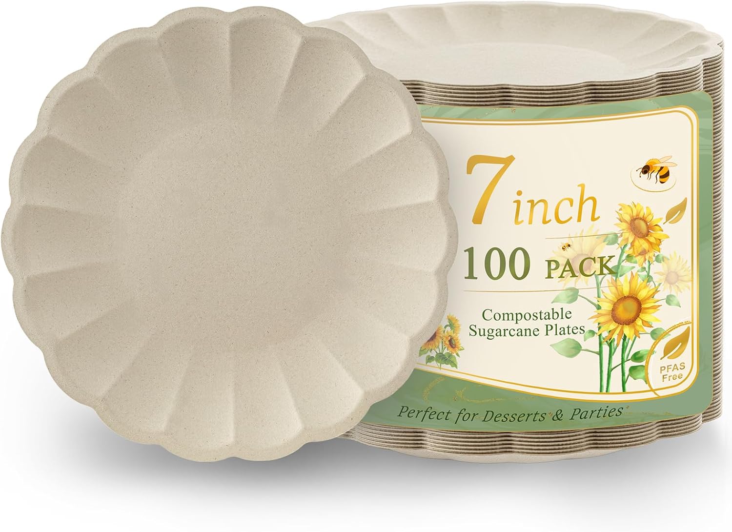Wellife  100 Pack 7 Inch Natural Color Paper Plates Scalloped Snack Plates for Eco Parties Outdoor BBQPicnic  Compostable Biodegradable Bagasse Microwave Safe