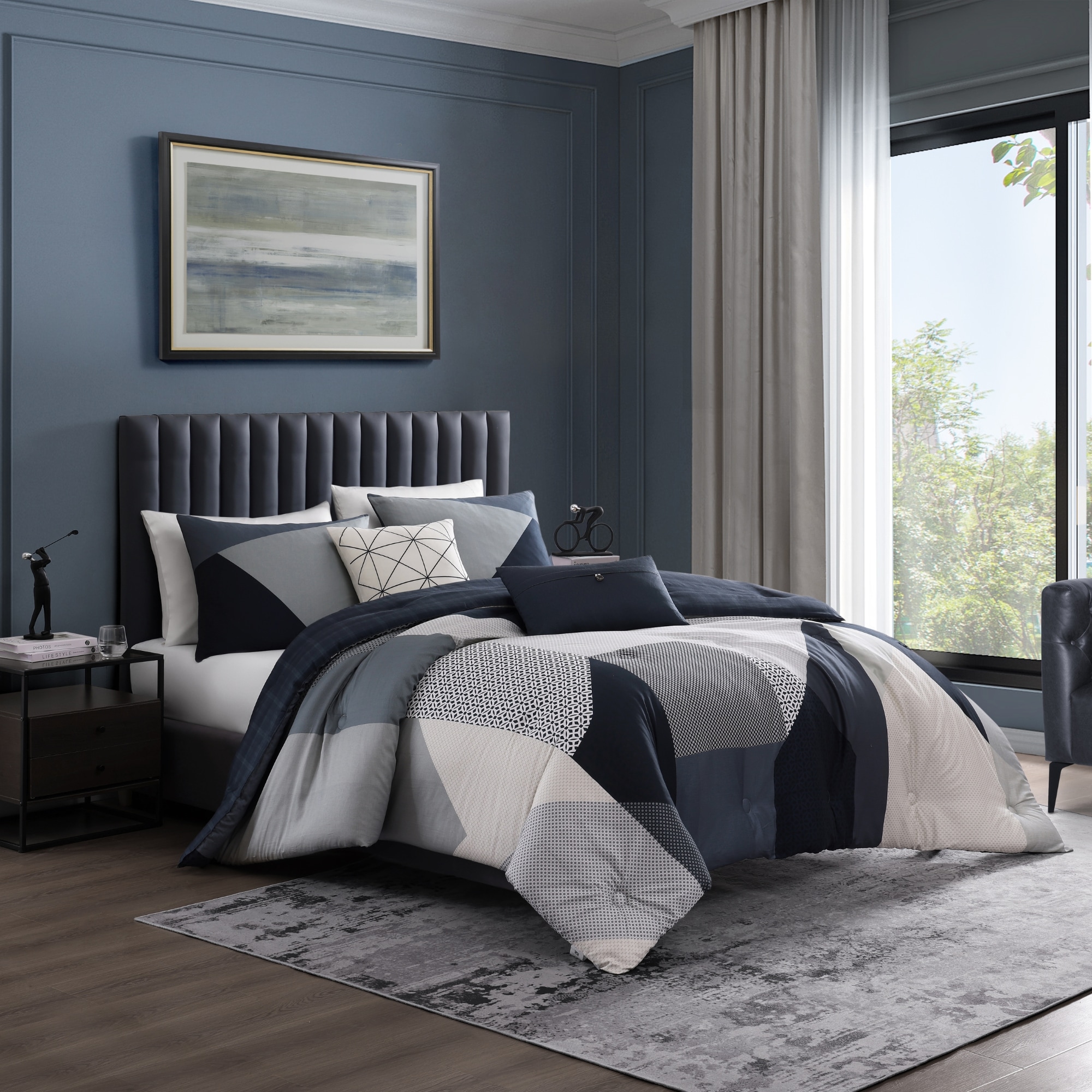 Geo Fusion Navy and Gray Cotton King Comforter Set
