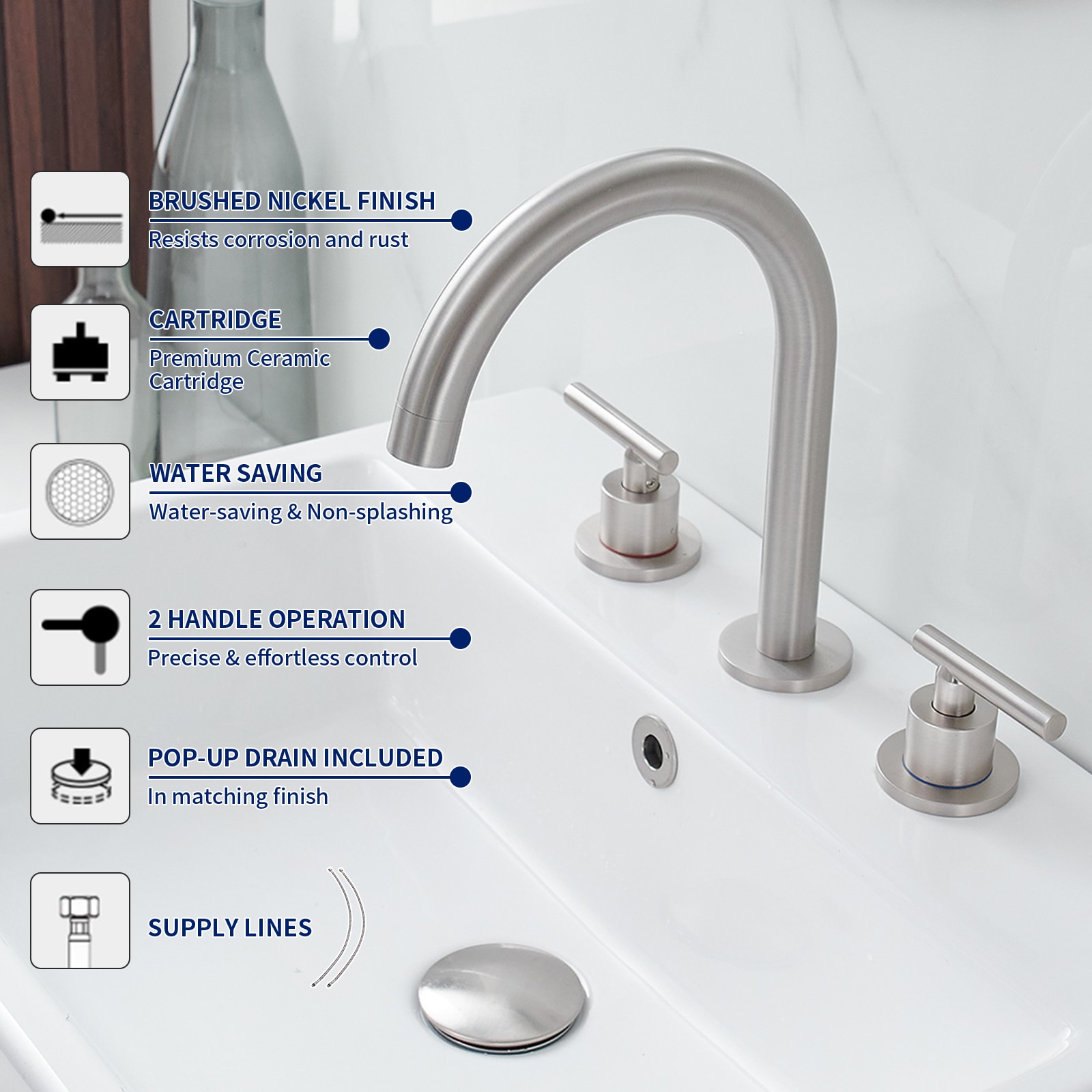 Brushed Nickel 8-Inch Widespread 2-Handle High-Arc Bathroom Faucet