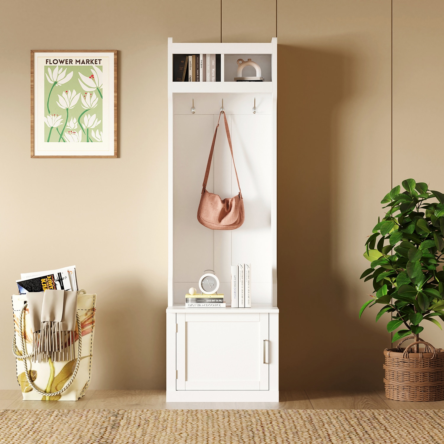 GZMR GZ-UC20AAK Minimalist Slim Hall Tree with Cabinet 6 Hanging Hooks Modern 23.6-in White Composite Hall Tree