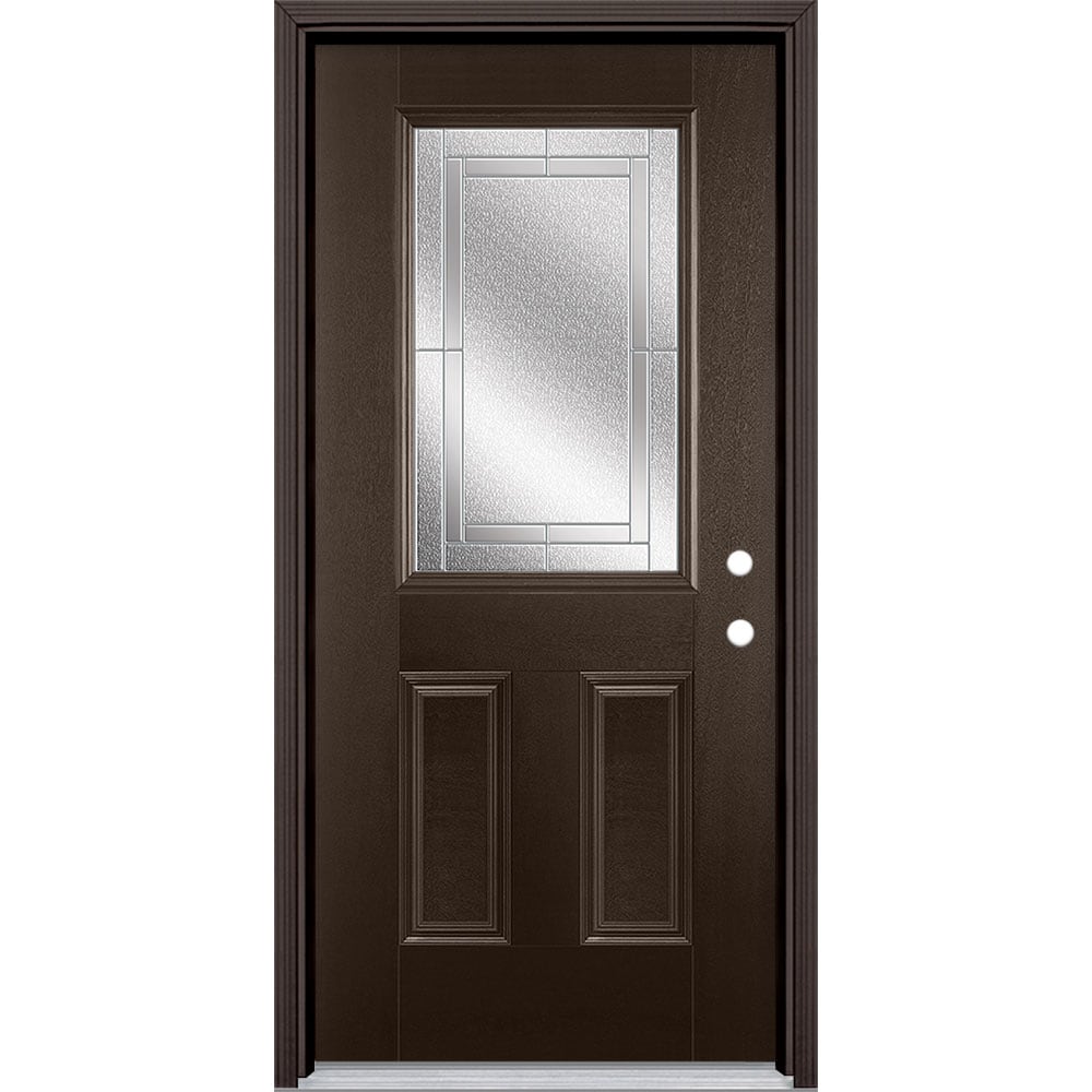 Masonite 3419743 Focus 36-in x 80-in x 4-9/16-in Fiberglass Half lite Left-hand inswing Walnut Stained Prehung Front Door with Brickmould Insulating core
