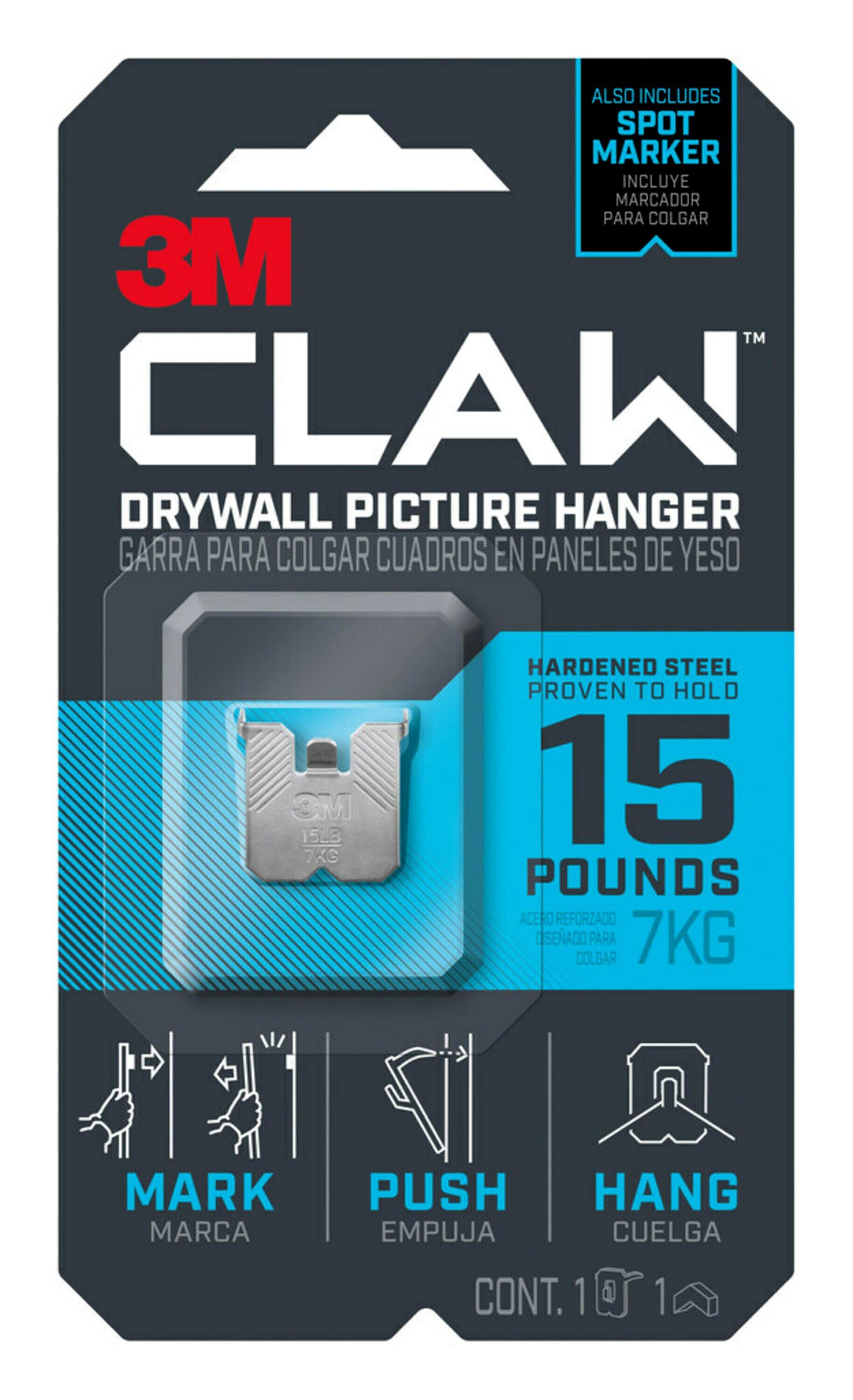 3M CLAW Drywall Picture Hanger With Temporary Spot Marker, Assorted, 8 Hangers, 8 Markers/Pack