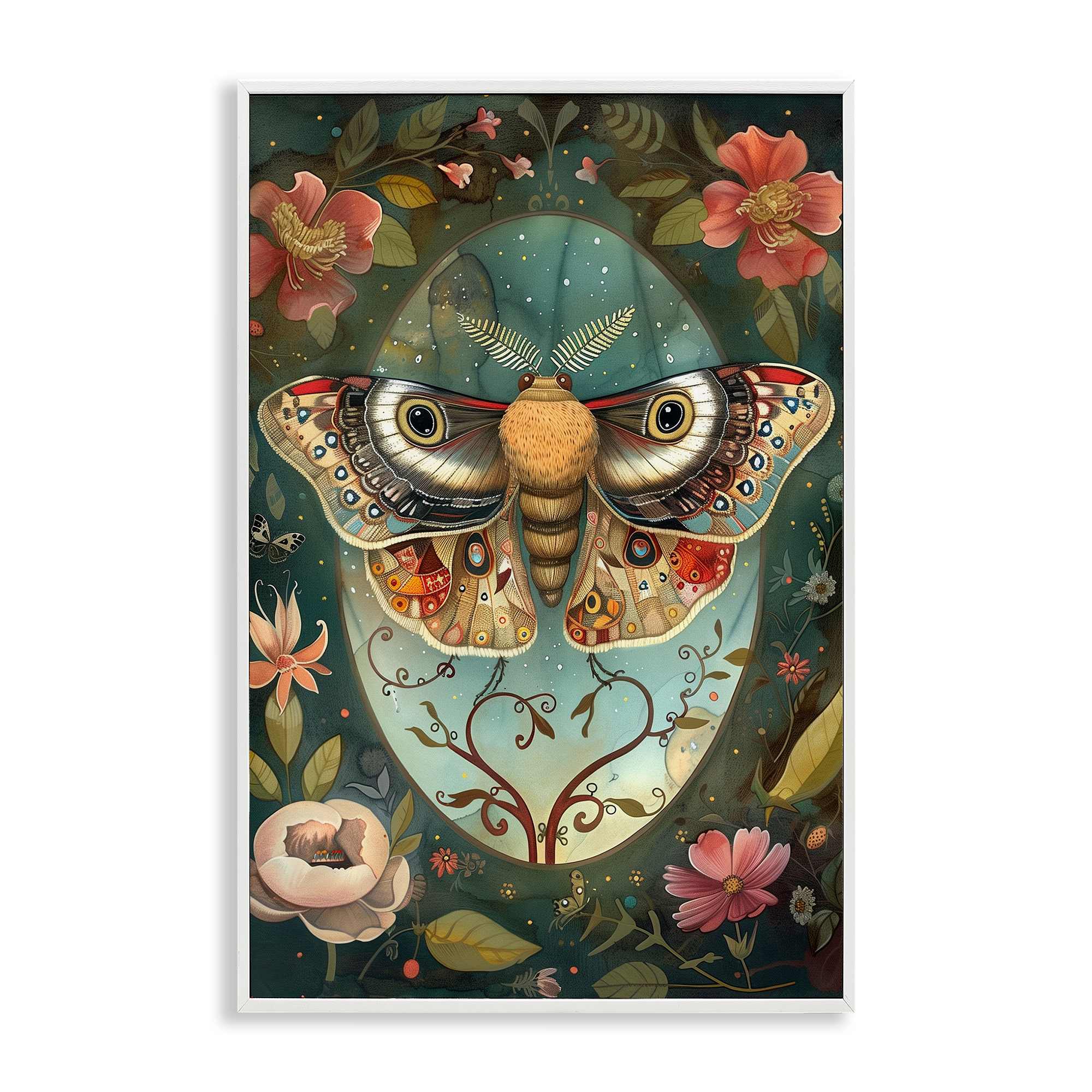 Stupell Industries BT-882-WFR-20X30 Ornate Botanicals and Moth White Framed Giclee Art By The Dutch Lady 20 x 30