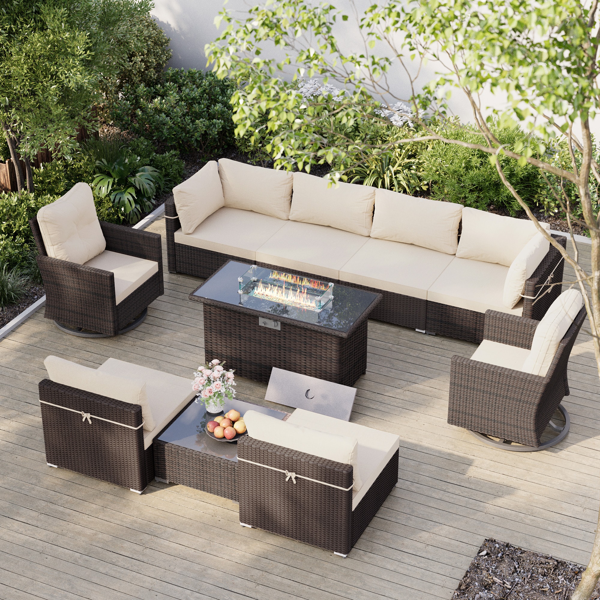 UPHA TBBR-ABC43Y11-BEIGE 10 -Piece Wicker Patio Sofa Conversation Set with Off-white Cushions