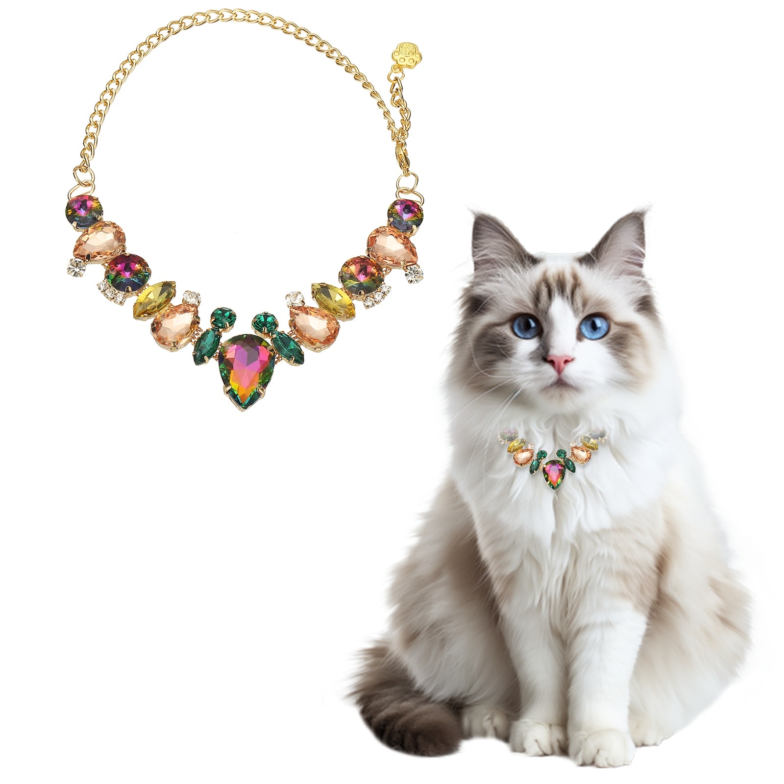 Unique Bargains Dog Necklace Collar Gold Chain Pets Pearls Adjustable Crystal Rhinestones Cat Wedding Metal Collar Jewelry Accessories 16In (Colorful) Intended for Teacup / Kitten / Small Pet