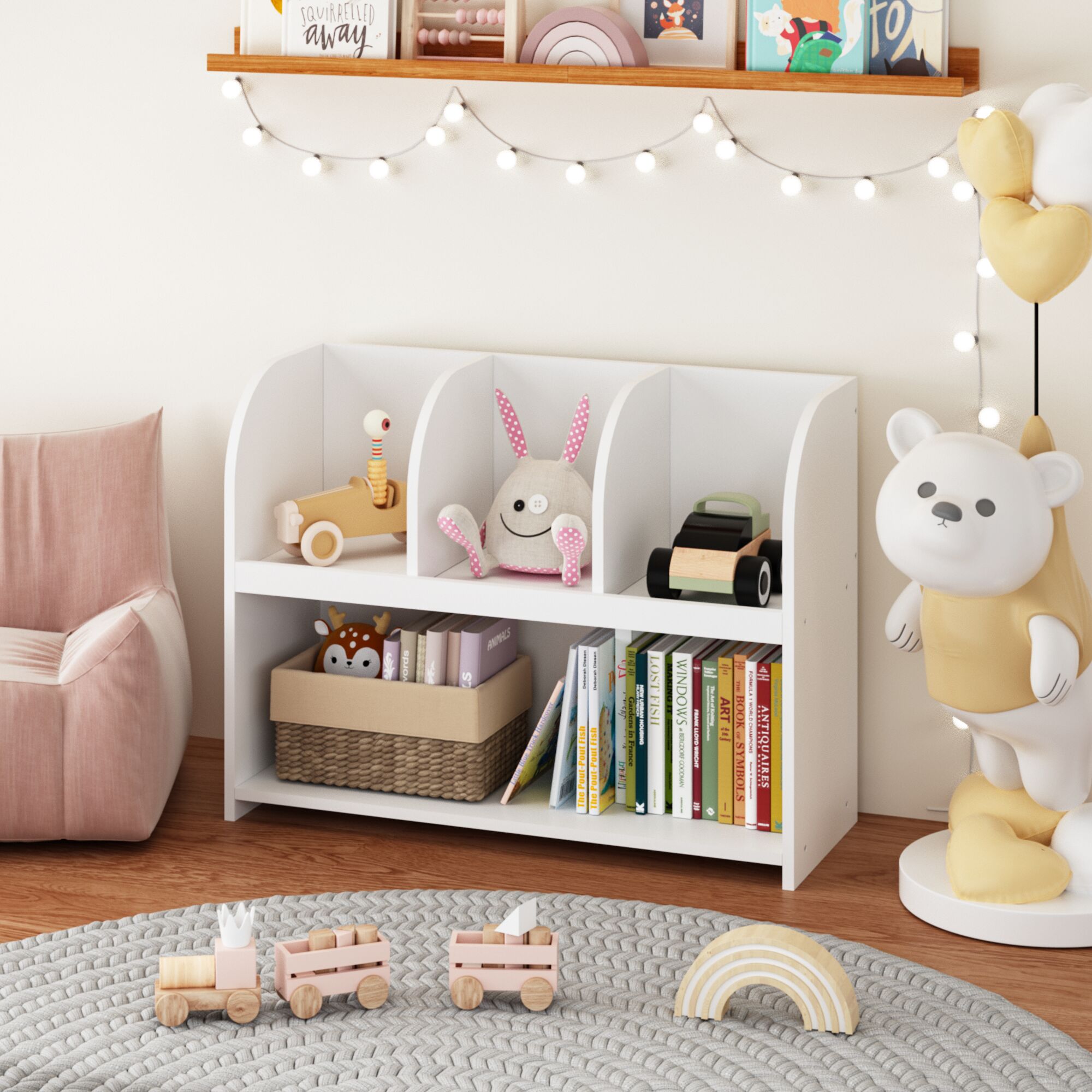 LOVMOR SF-Y-W808105235 Kids Bookcase with 4 Compartments  Storage Book Shelf  Storage Display  Rack Toy Organizer for Children's Room  Playroom  Nursery