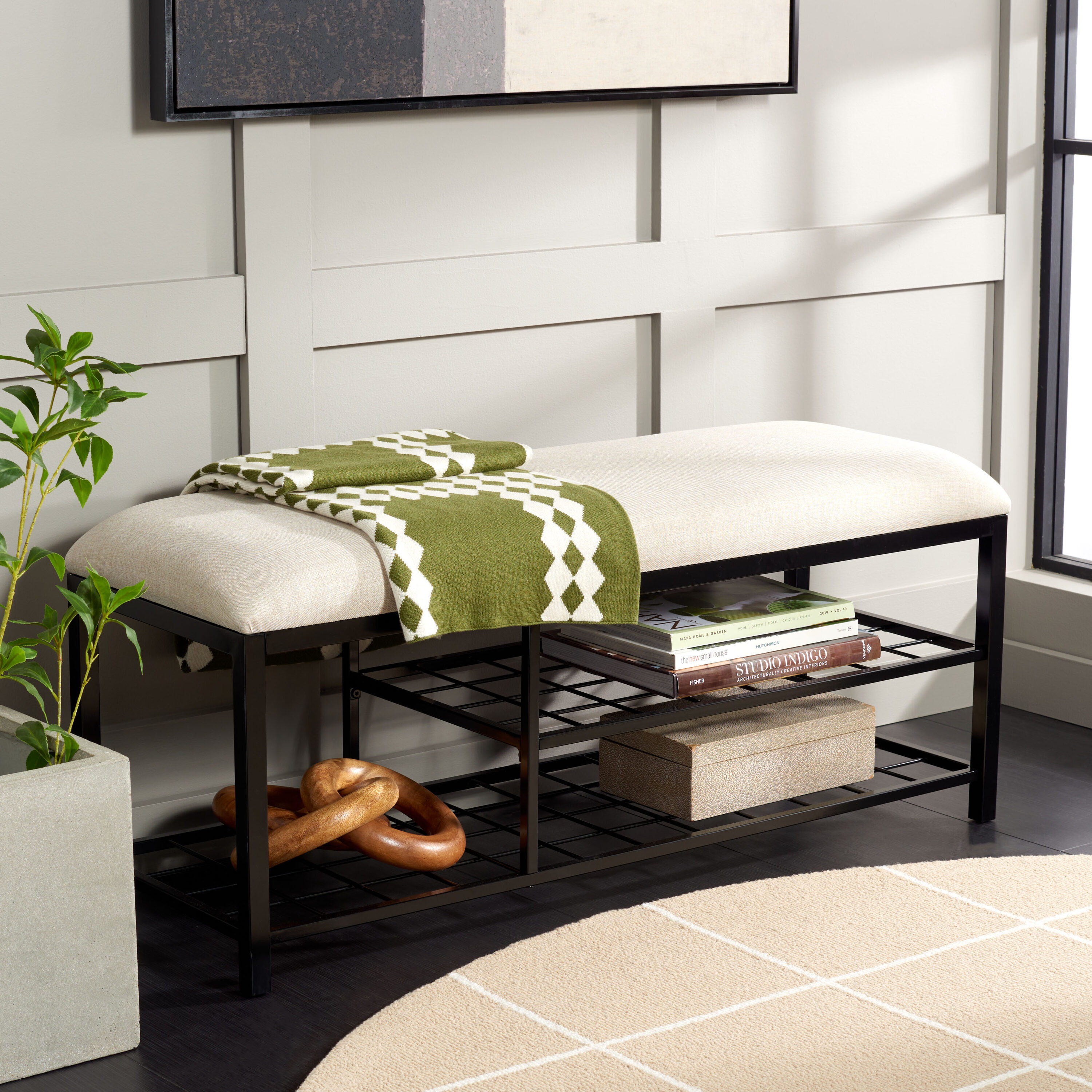 Safavieh BCH5003B Modern Cream/Black Storage Bench with Storage 42-in x 15-in x 18-in