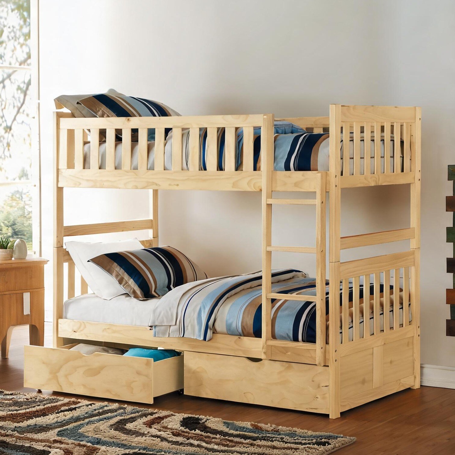 SunJet Solid wood twin-over-twin bunk bed with storage boxes natural pine finish for kids bedrooms