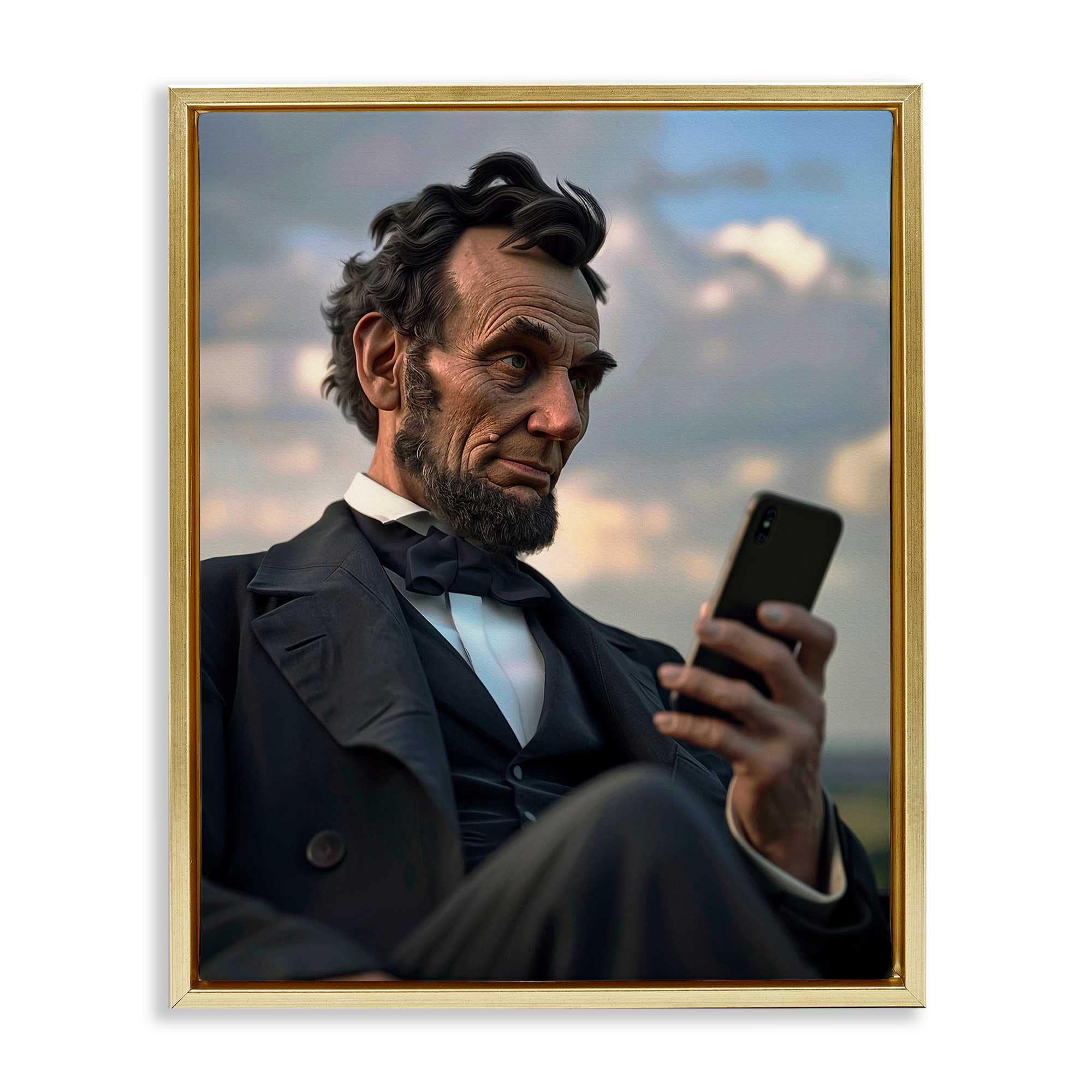 Stupell Industries BT-282-FFG-24X30 Abe Lincoln with Cellphone Gold Framed Floater Canvas Wall Art 25 x 31