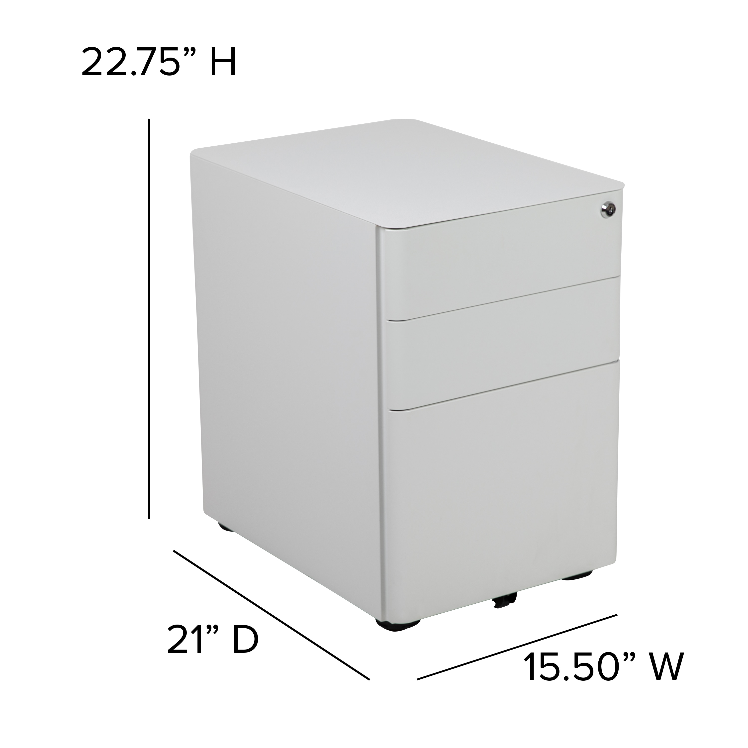 White Mobile 3-Drawer Lockable Filing Cabinet with Casters