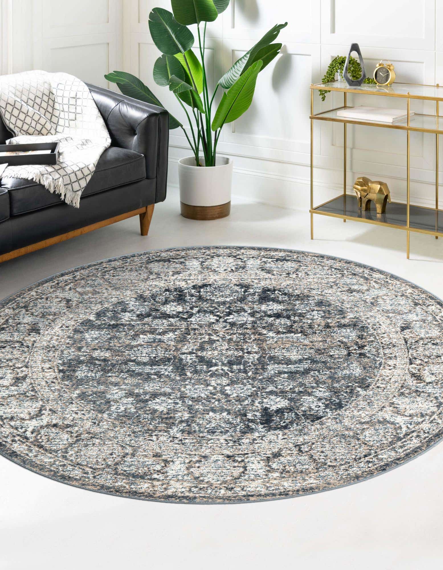 Unique Loom 3187013 Jill Zarin Uptown 5 x 5 (ft) Loomed Polypropylene Navy Blue Round Indoor Floral/Botanical Farmhouse/Cottage Area rug