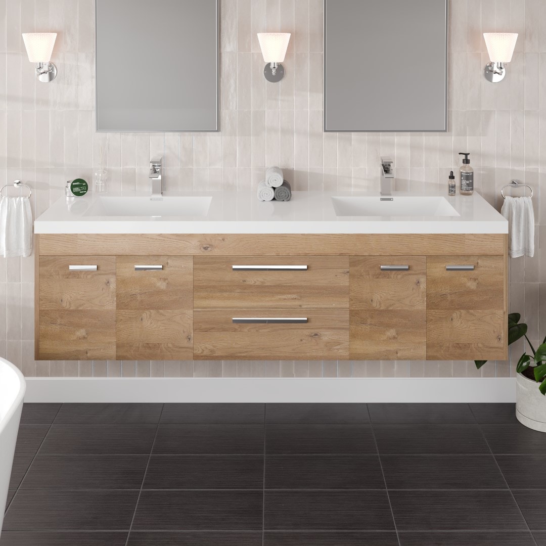 Eviva EVVN1700-8-72NOK-WM Lugano 72-in Natural Oak Double Sink Floating Bathroom Vanity with White Acrylic Top